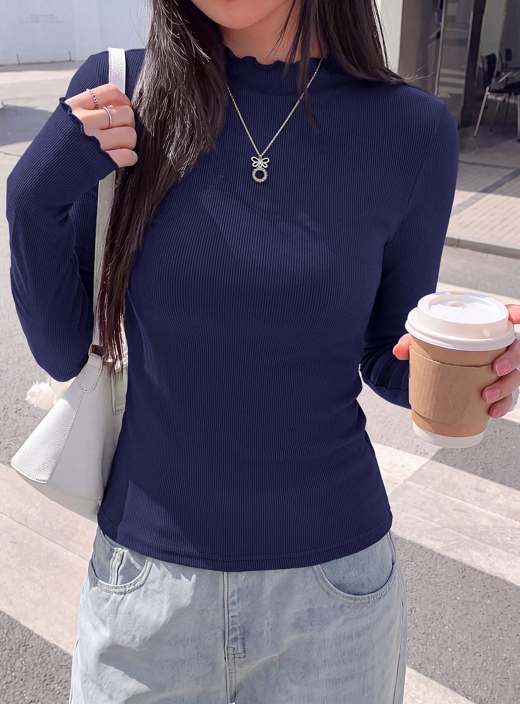 Women's Long Sleeve T Shirts Lettuce Trim Mock Neck Tops