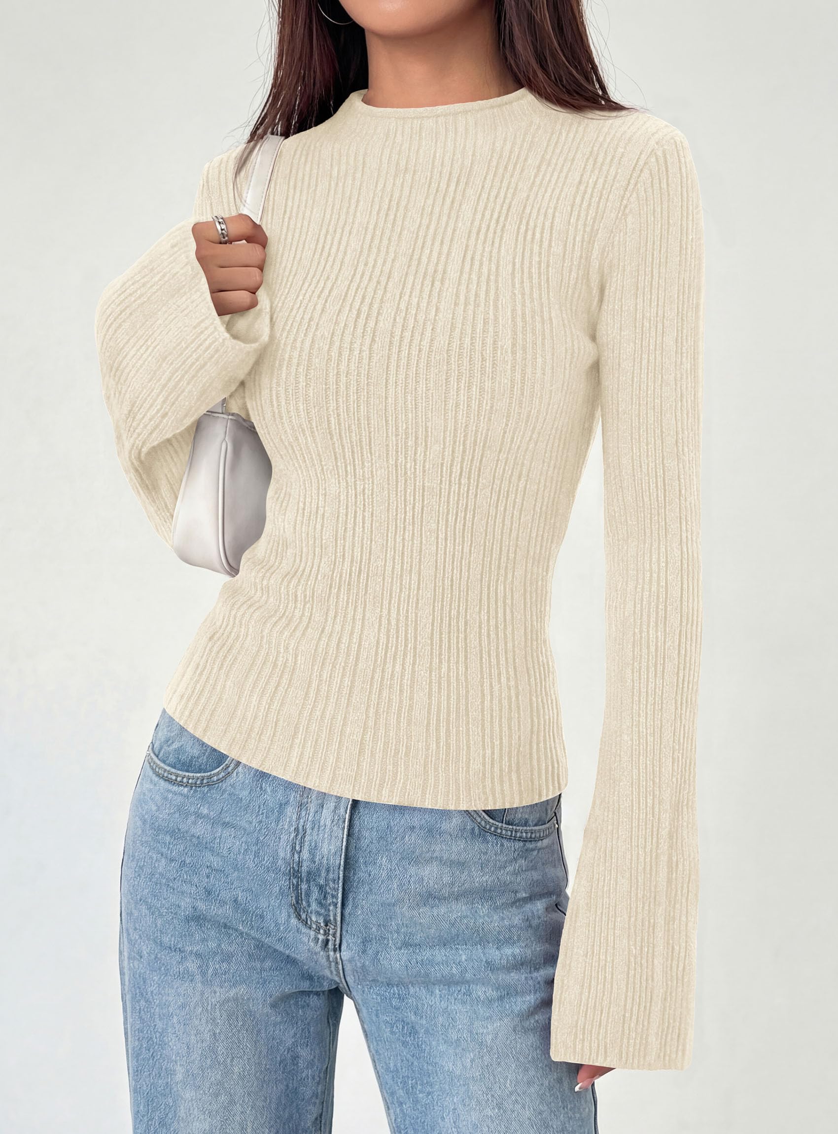 Womens Bell Long Sleeve Tops Mock Neck Sweaters,Beige,S