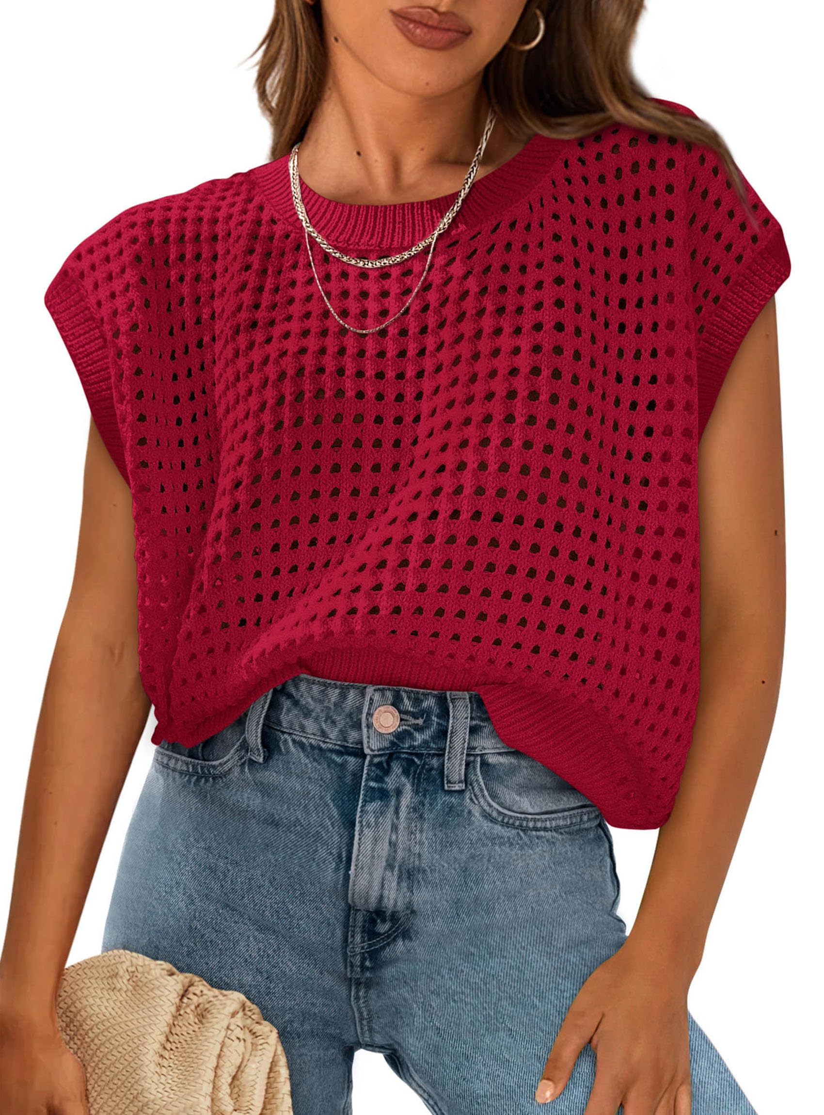 Women's Summer Crochet Cap Sleeve Sweater Tops,Red,S
