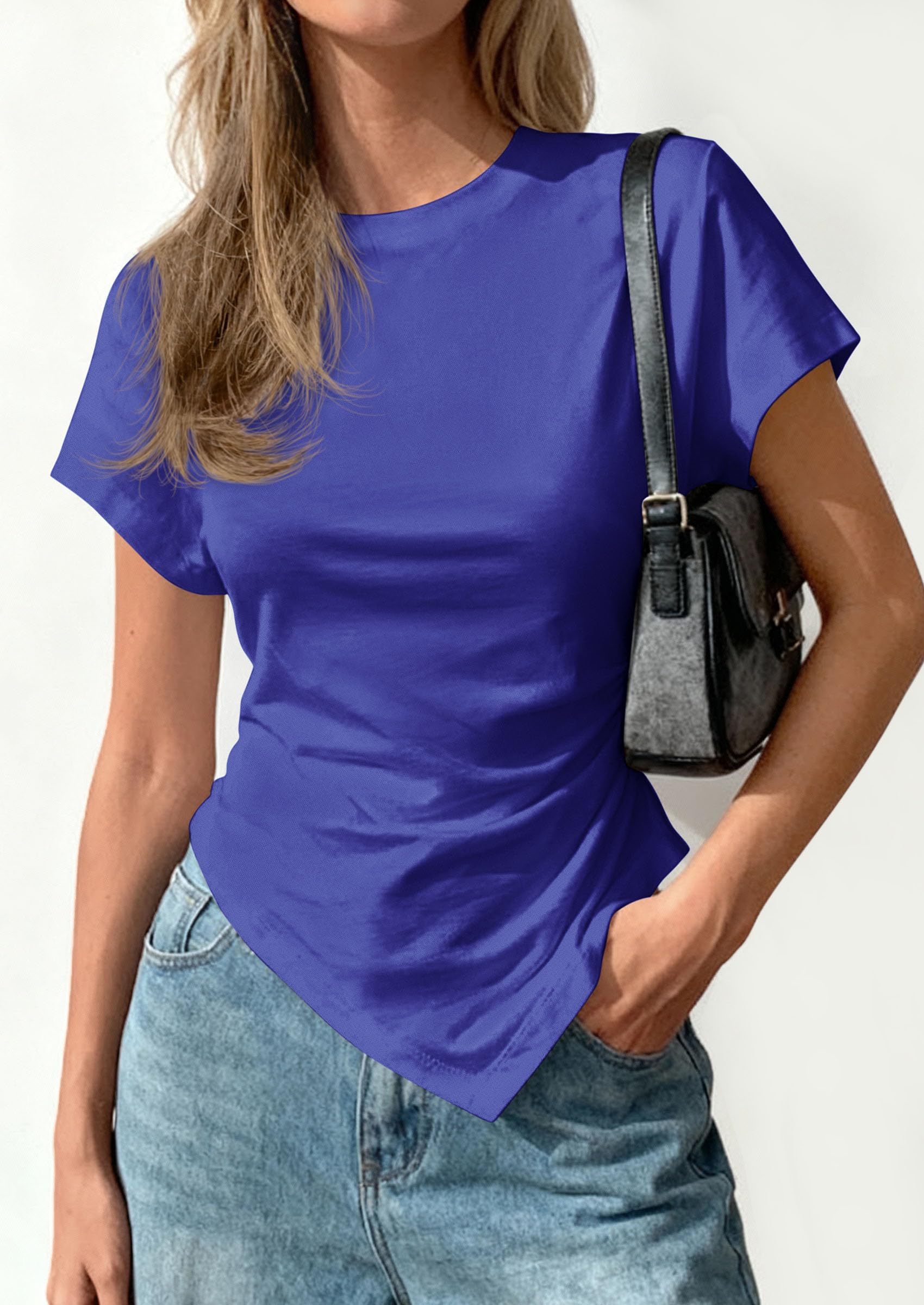 Womens Asymmetrical Summer Short Sleeve Tops,Royal Blue,XS