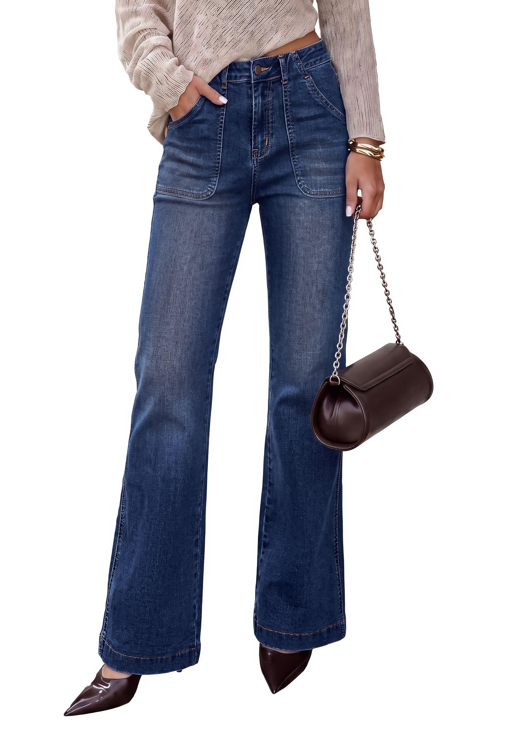 Womens High Waisted Wide Leg Jeans Demin Pants Dark Blue