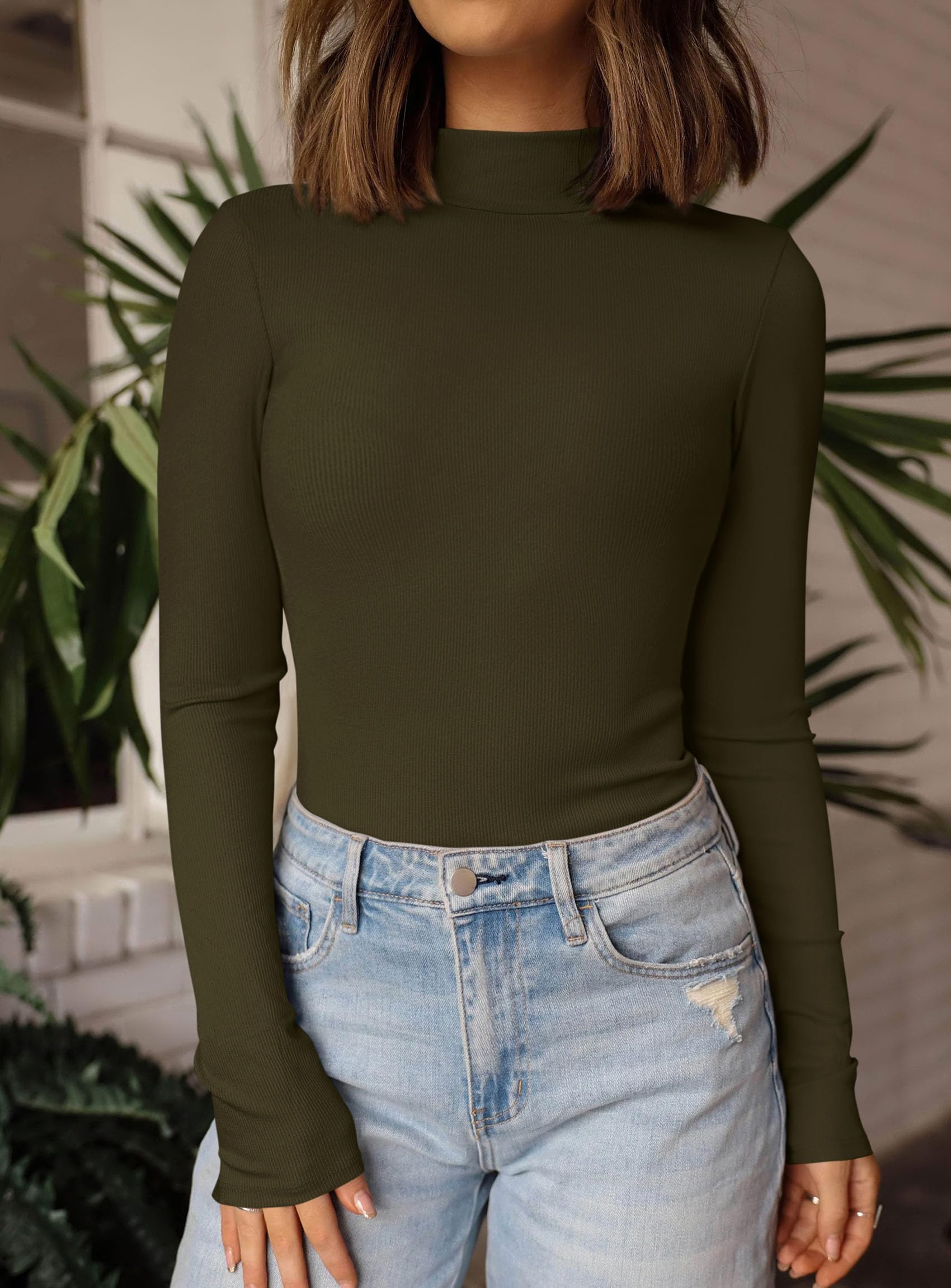Womens Mock Turtleneck Fall Long Sleeve Shirts,Army Green,XS