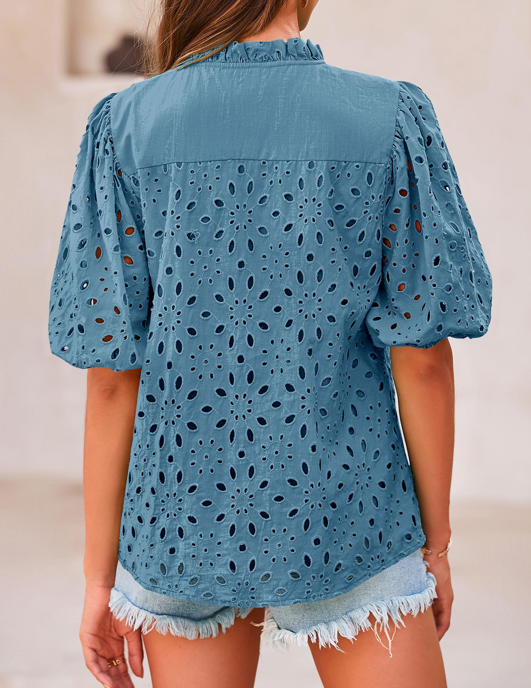Womens Tops Boho Eyelet Puff Sleeve Blouse, Grey Blue,S