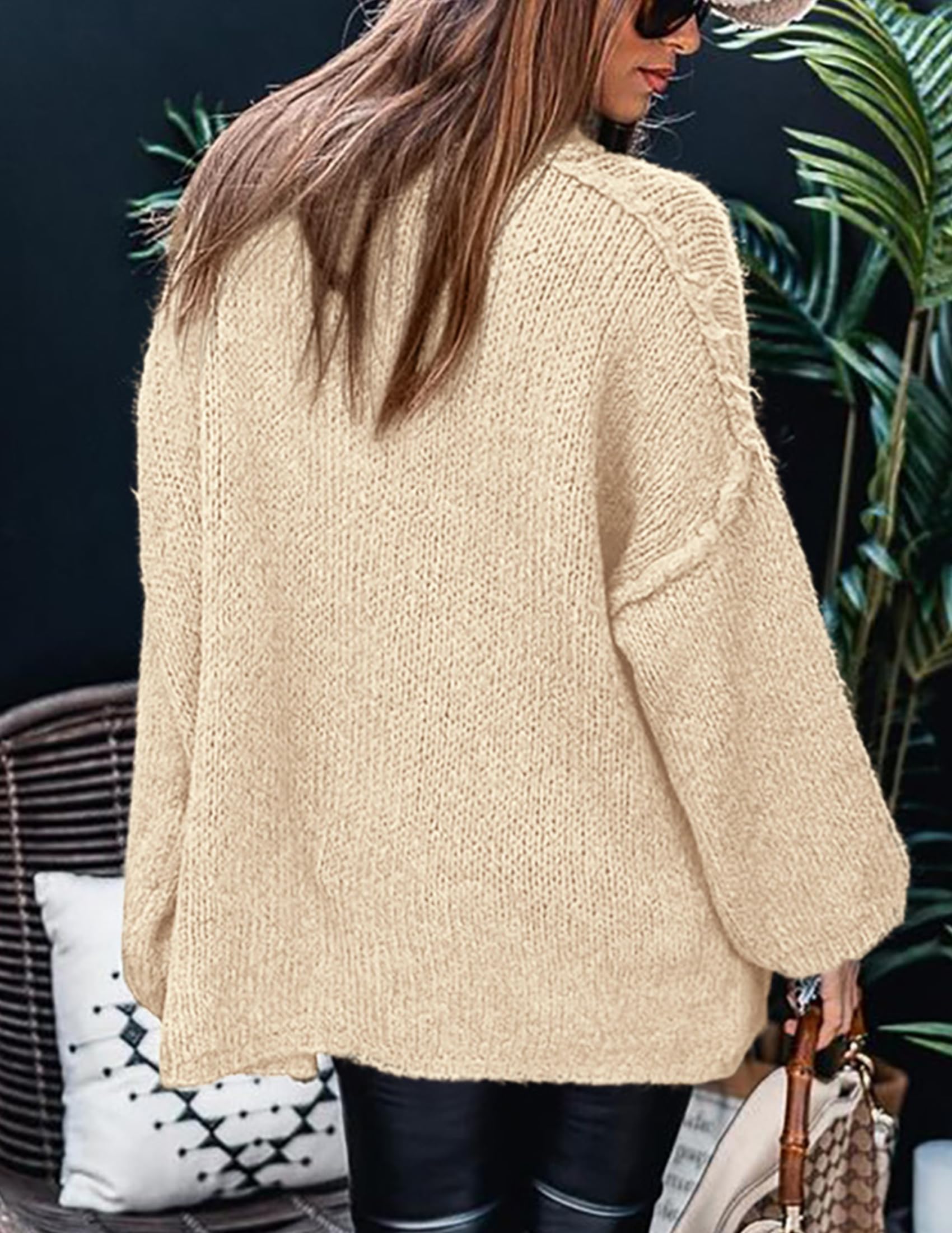 Womens Turtleneck Long Sleeve Oversized Sweaters,Beige,S