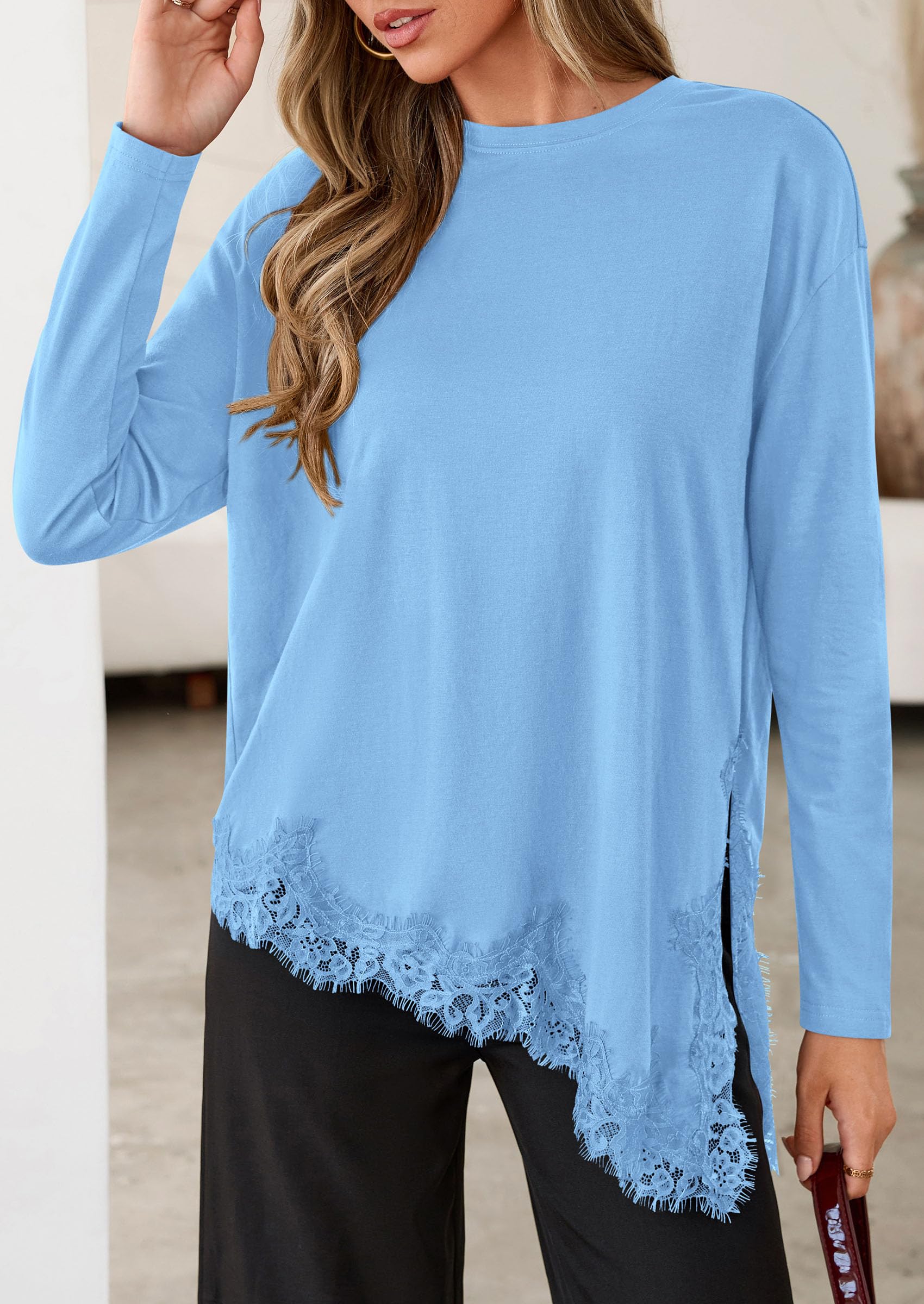 Women's Long Sleeve Asymmetrical Lace Tops Oversized Tshirts