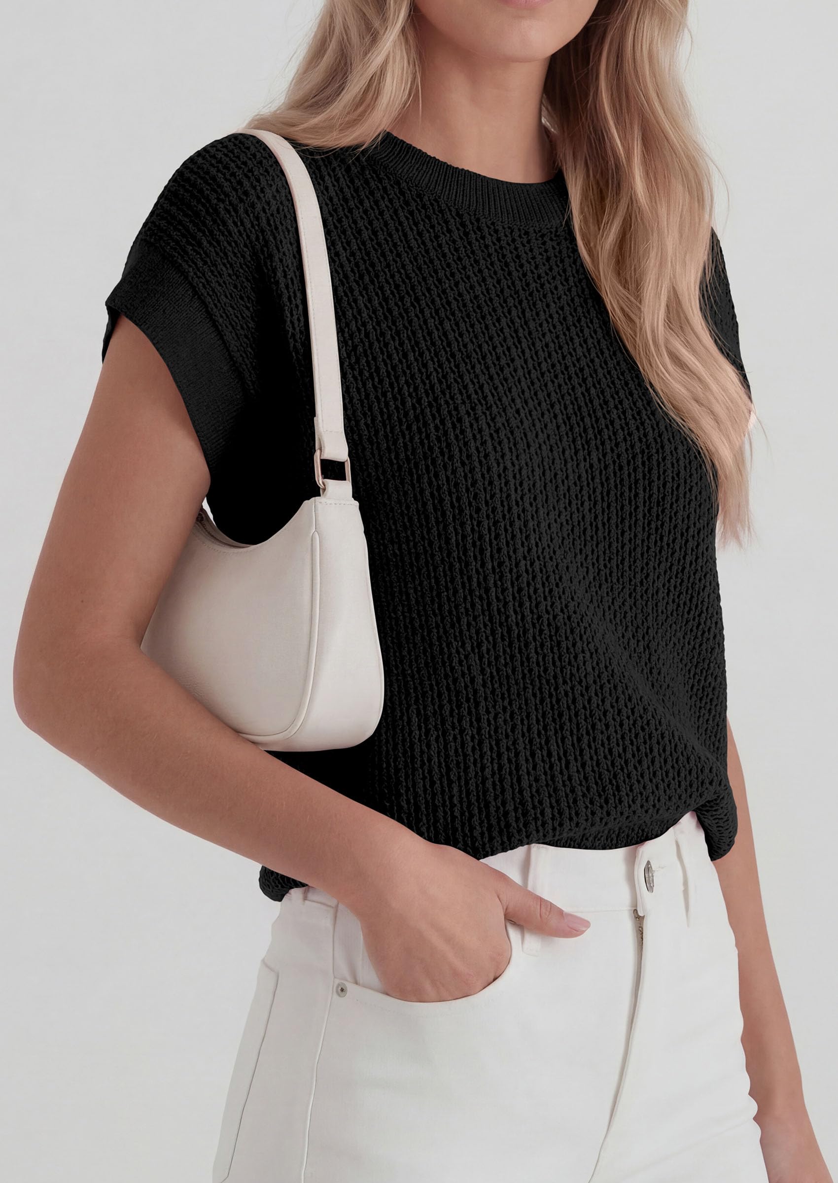 Women's Summer Sweater Vest Crochet Tops (Black,S)