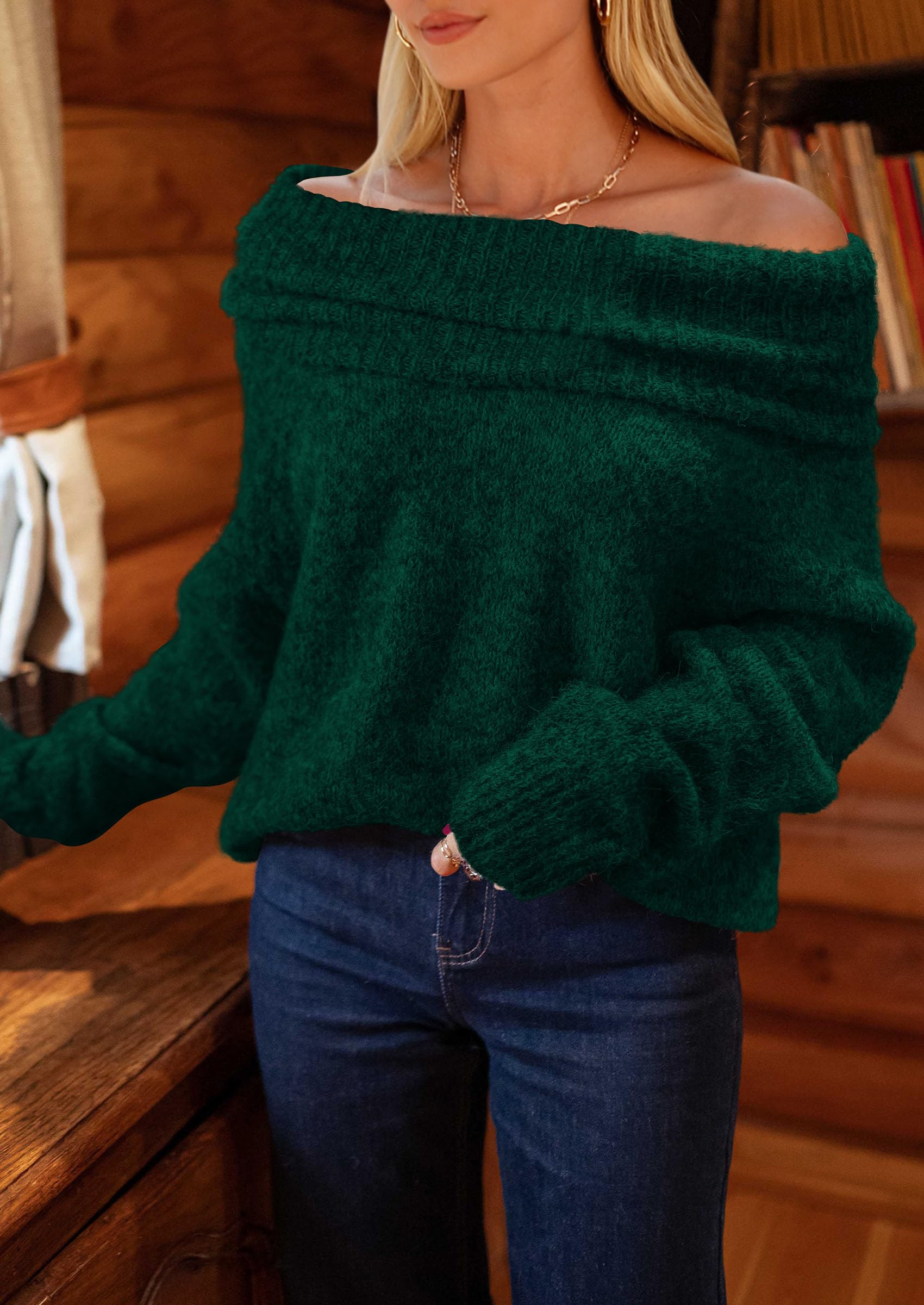 Women's Fall Off The Shoulder Sweater,Dark Green,M