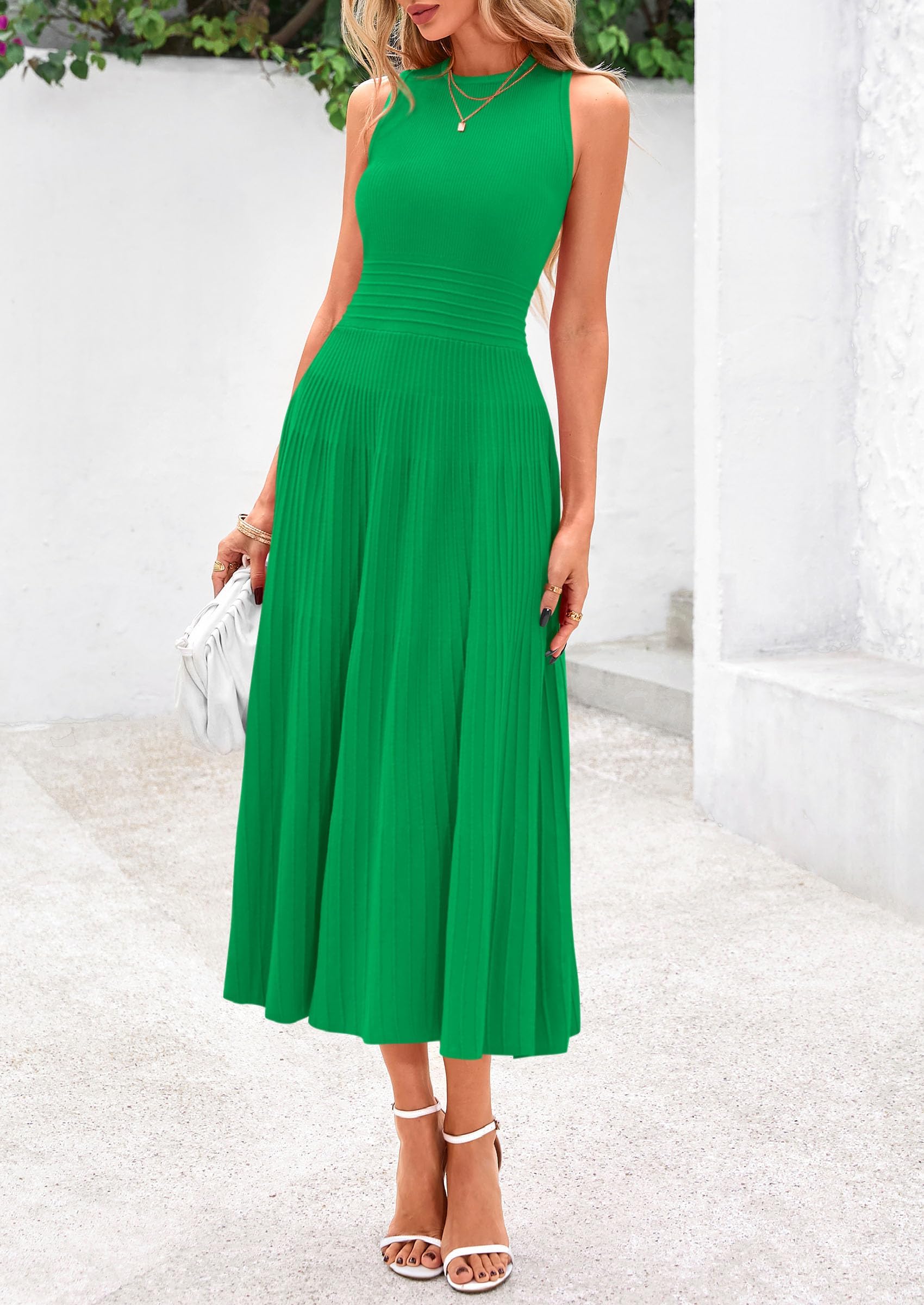Women's Summer Pleated Midi Work Dress,Green,S
