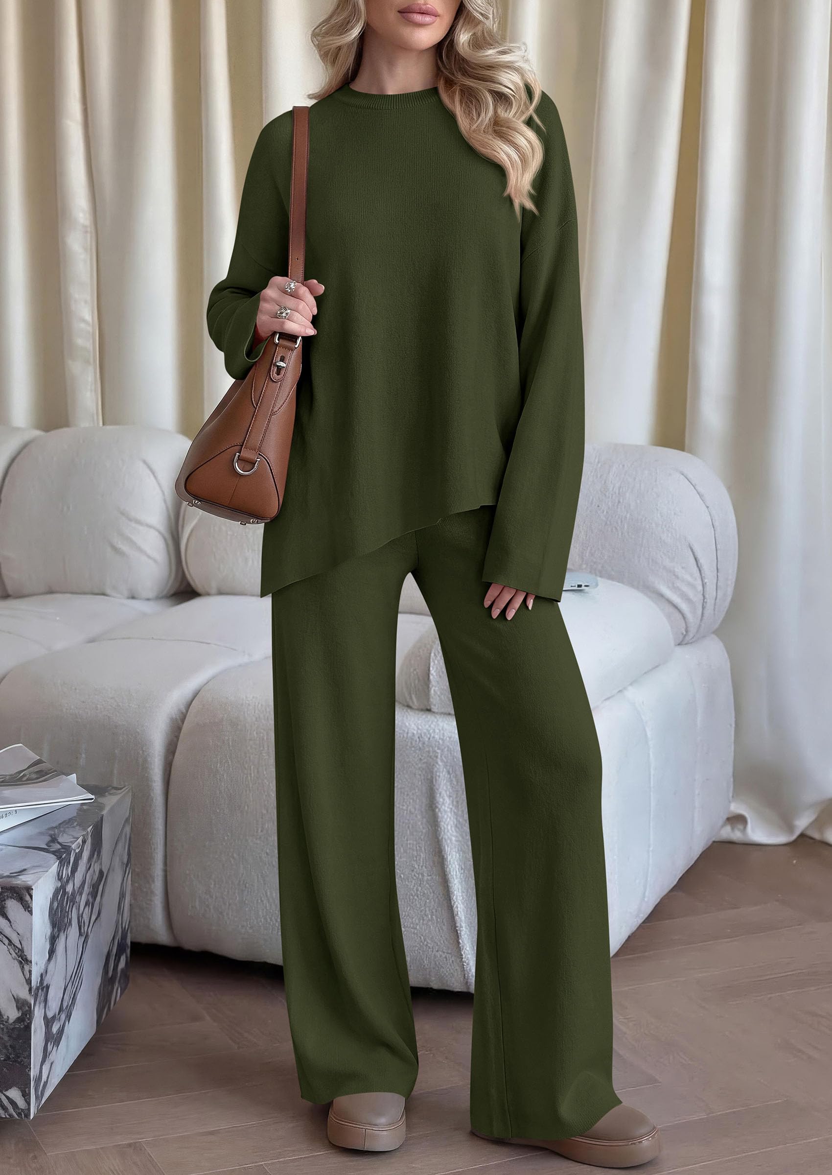 Womens Fall 2 Piece Asymmetric Cozy Sweater Travel Lounge Sets