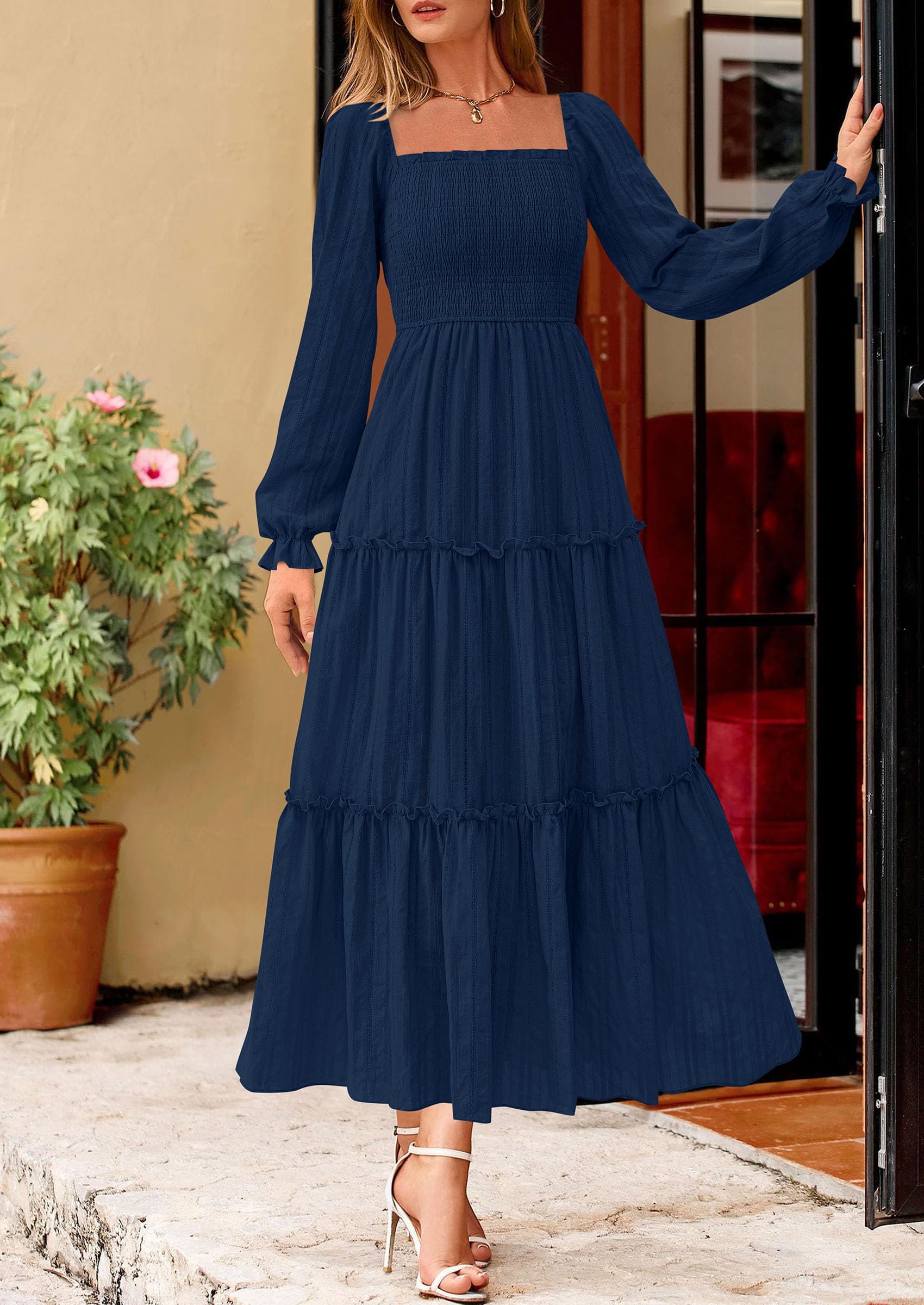 Women's Long Sleeve Ruffle Flowy Maxi Dress,Navy Blue,S