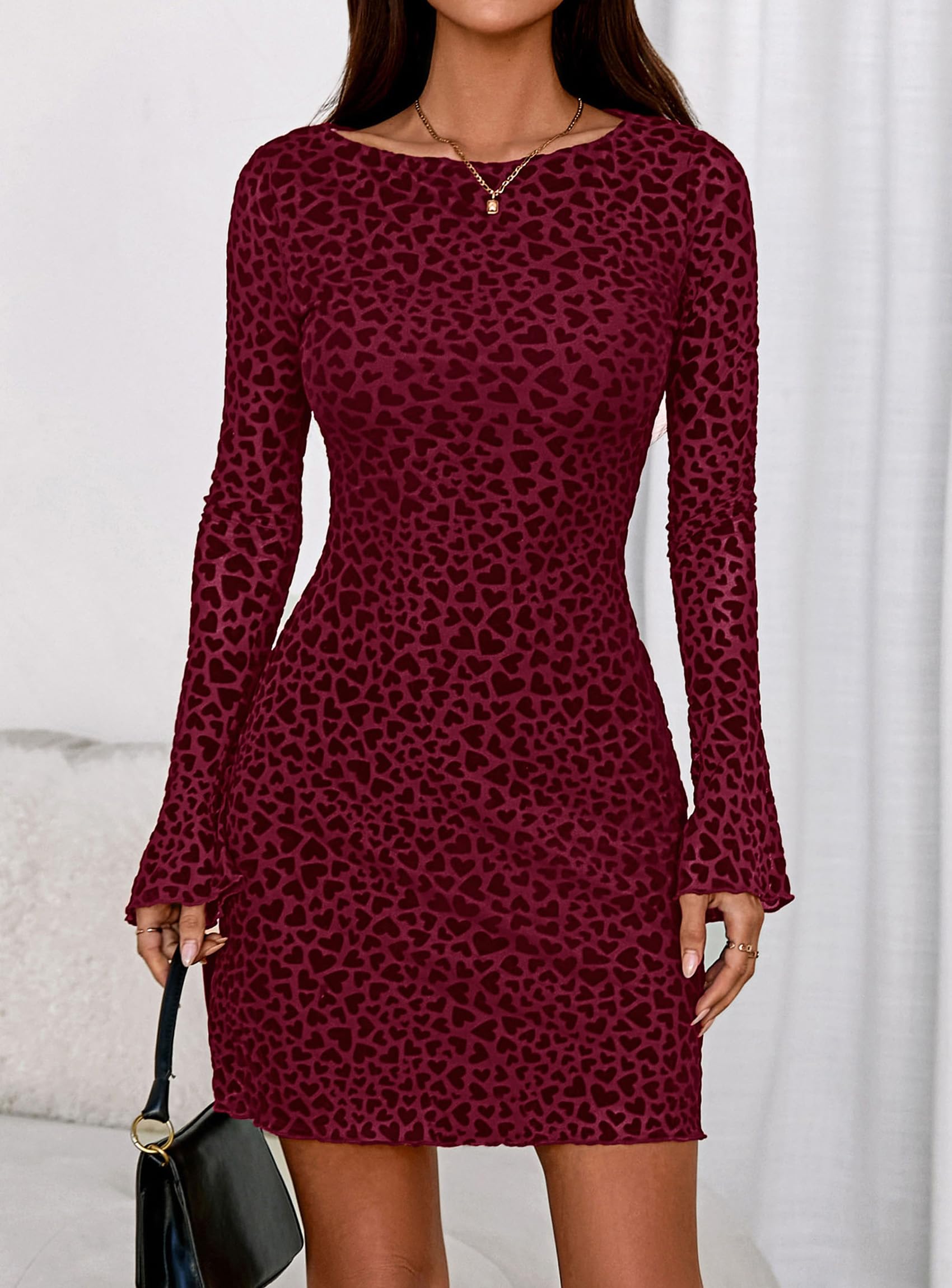 Women's Fall Floral Long Sleeve Mini Dress (Wine Red,XS)