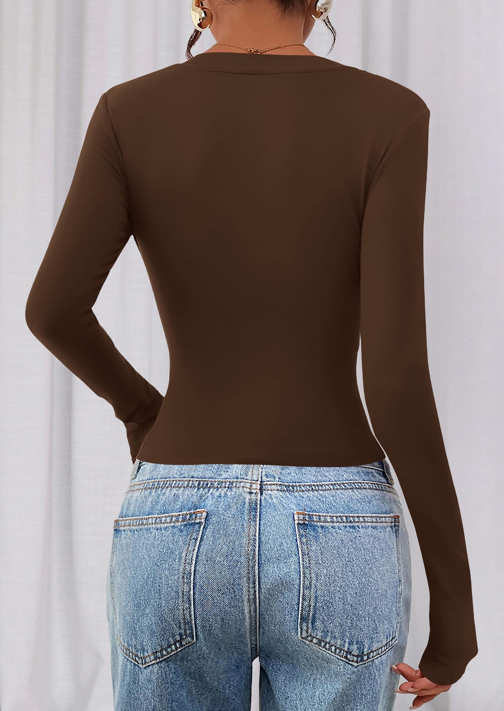 Womens Long Sleeve Slim Fit Crop Tops,Brown,XS