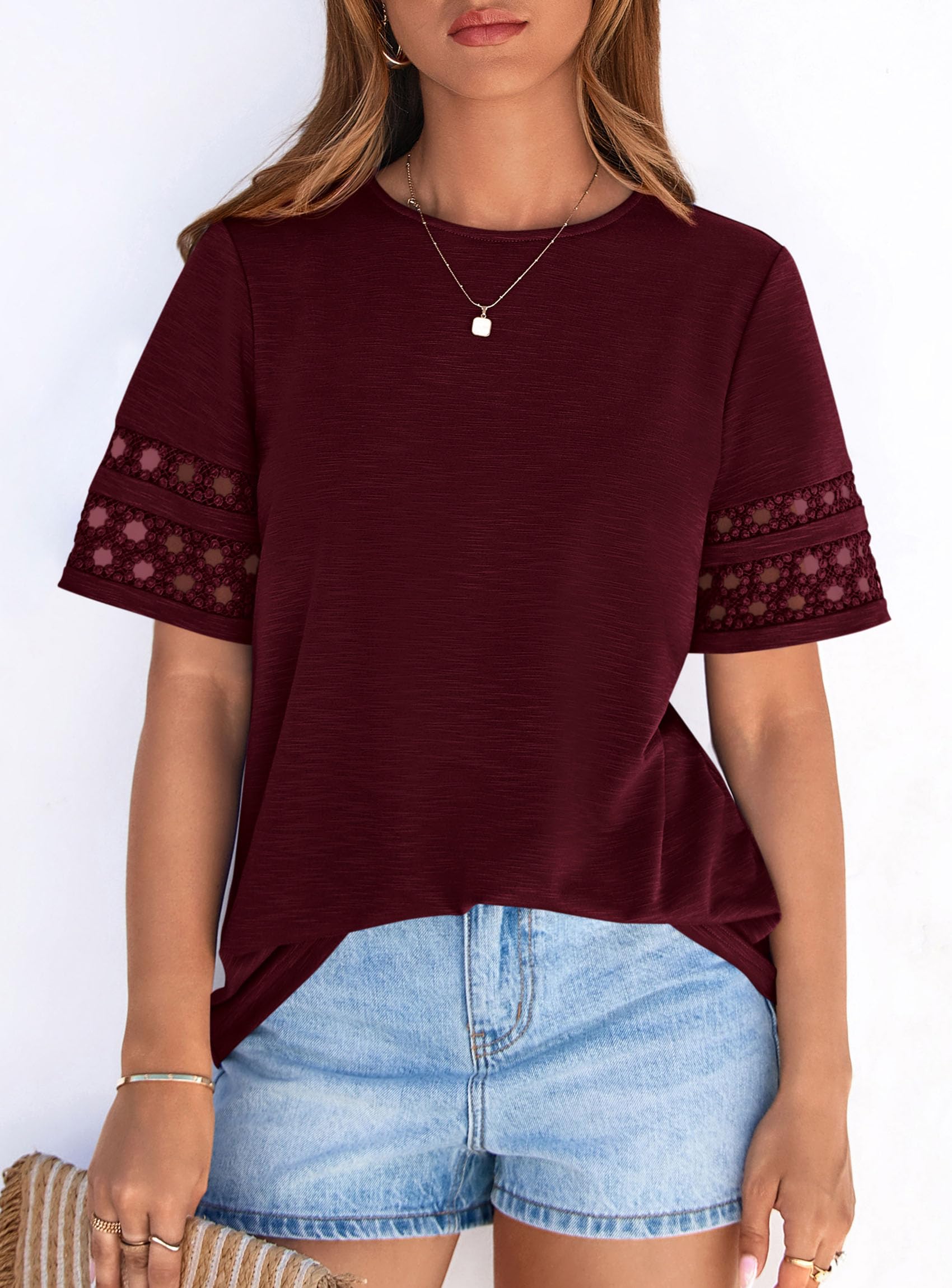 Women's Summer Short Sleeve Lace Trim T-Shirts,Burgundy,S