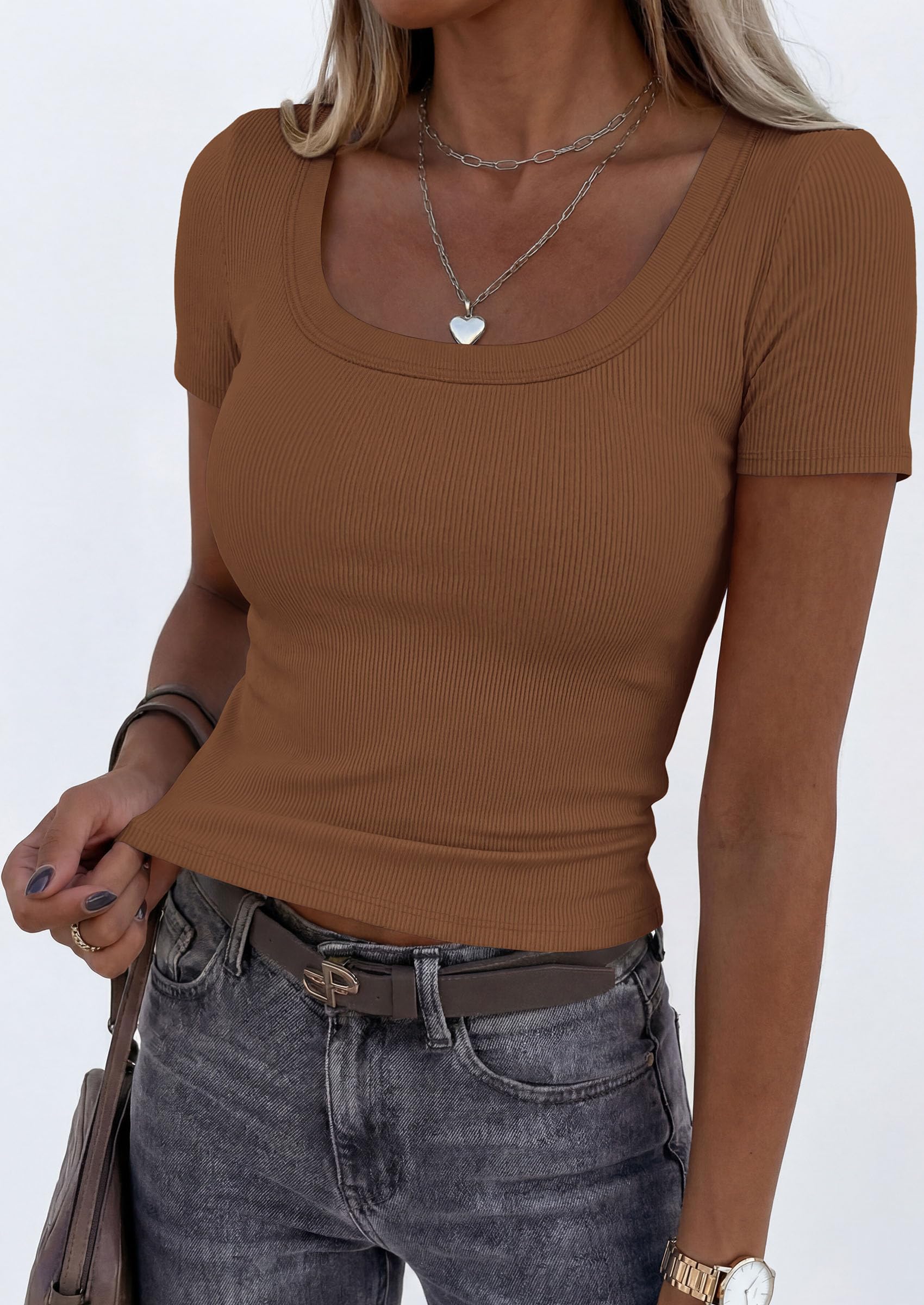 Womens Summer Short Sleeve Scoop Neck Tops,Khaki,S