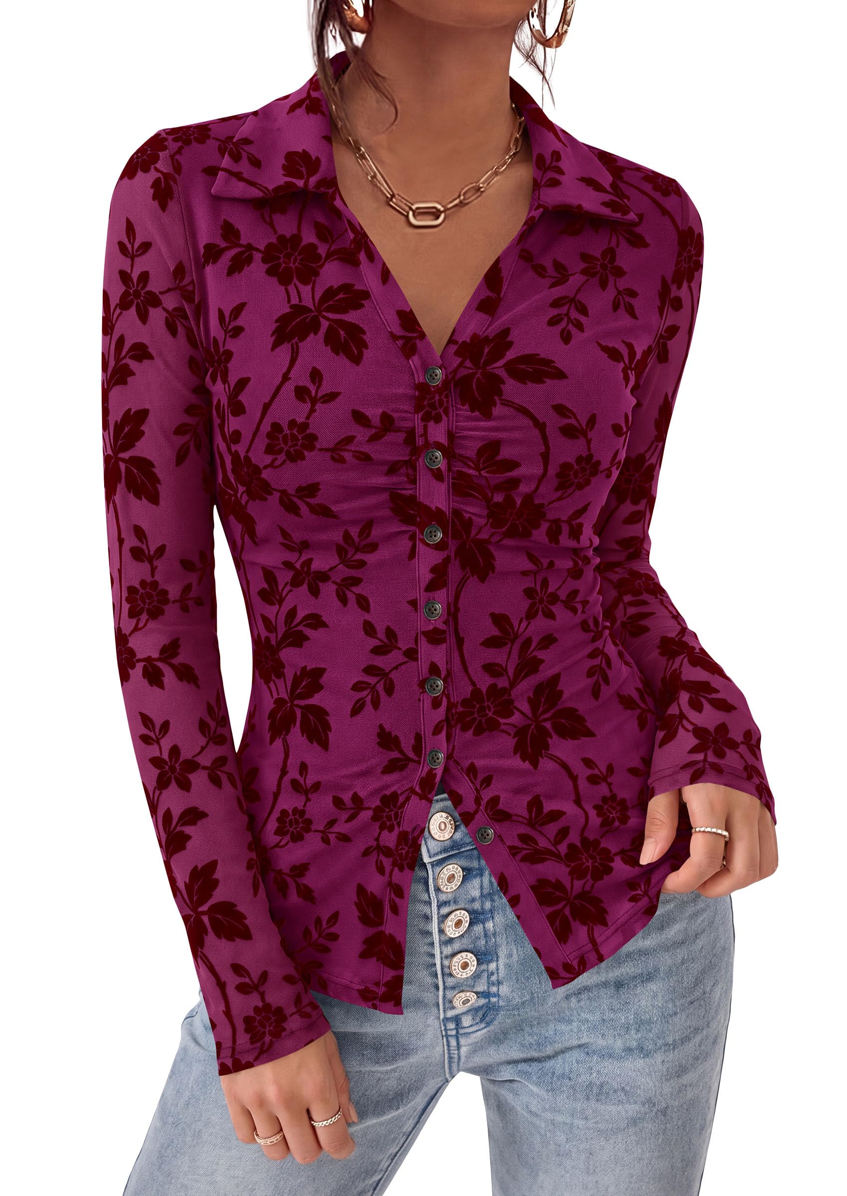 Women's Long Sleeve Floral Mesh Boho Tops Button Down Shirts