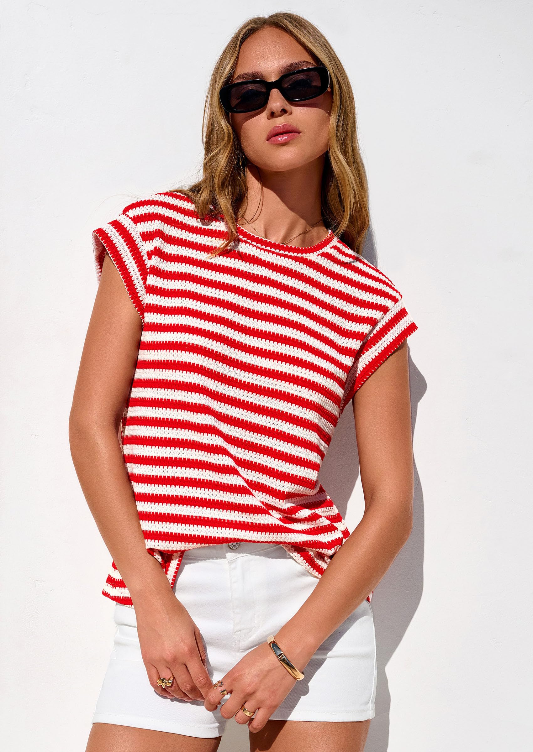 Women's Striped Knit Vest Tops, Striped Red White,S