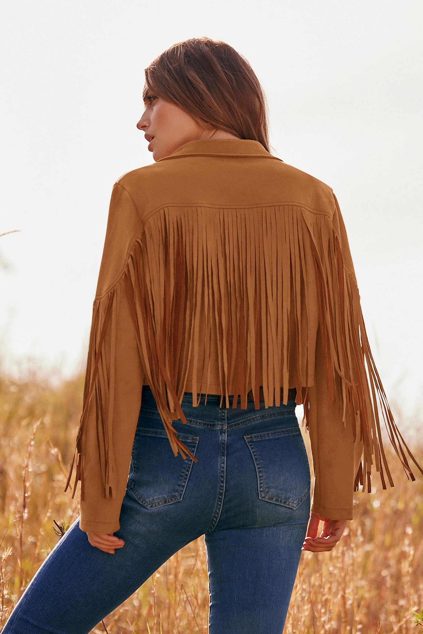Women's Fringe Faux Suede Leather Jackets,Brown Yellow,M