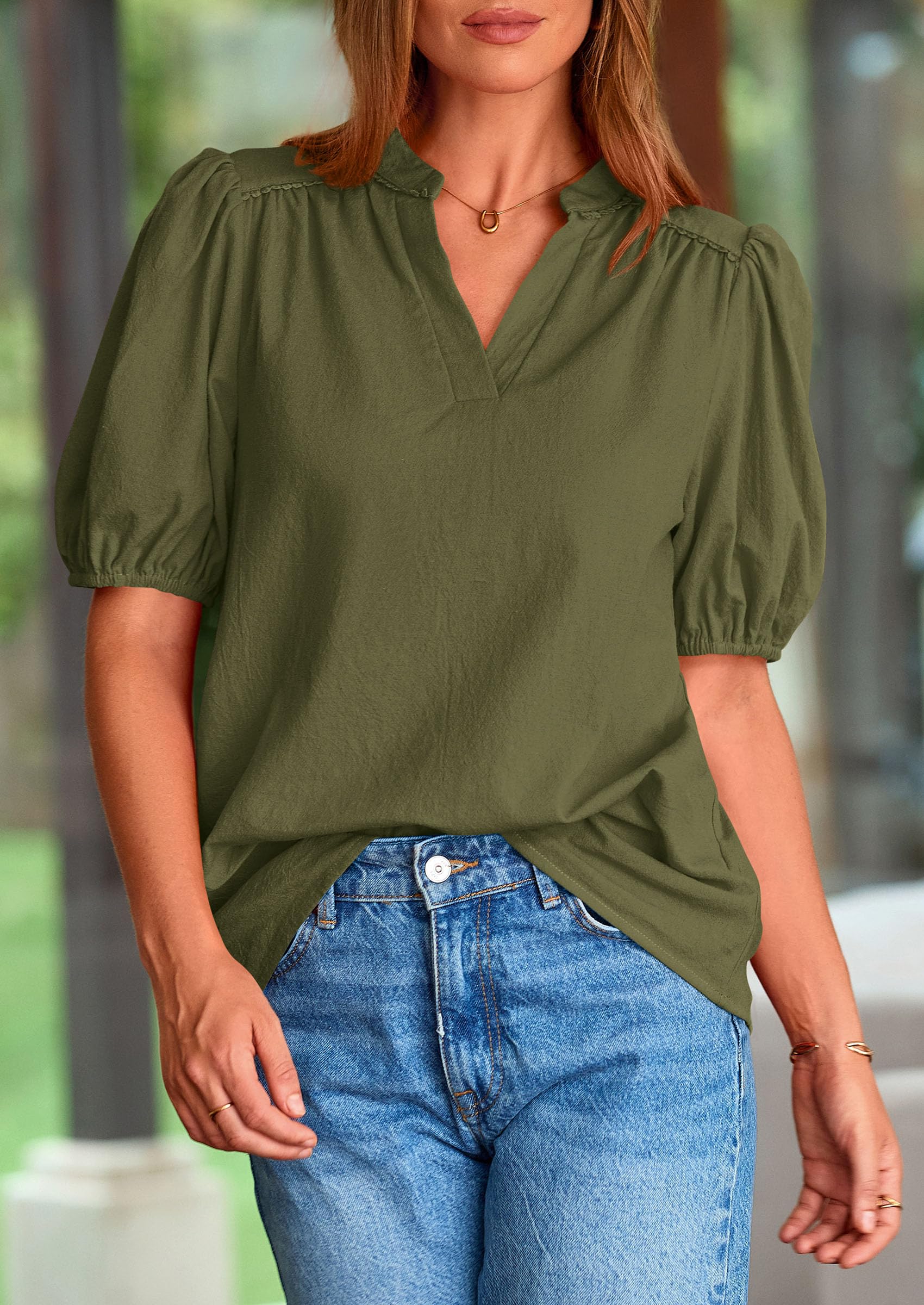 Womens Short Puff Sleeve V Neck Blouses,Army Green,S