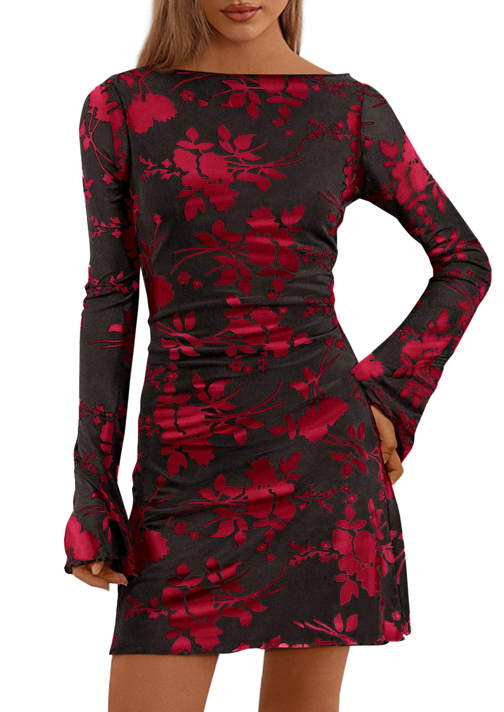 Women's Fall Floral Long Sleeve Mini Dress (Black Red,XS)