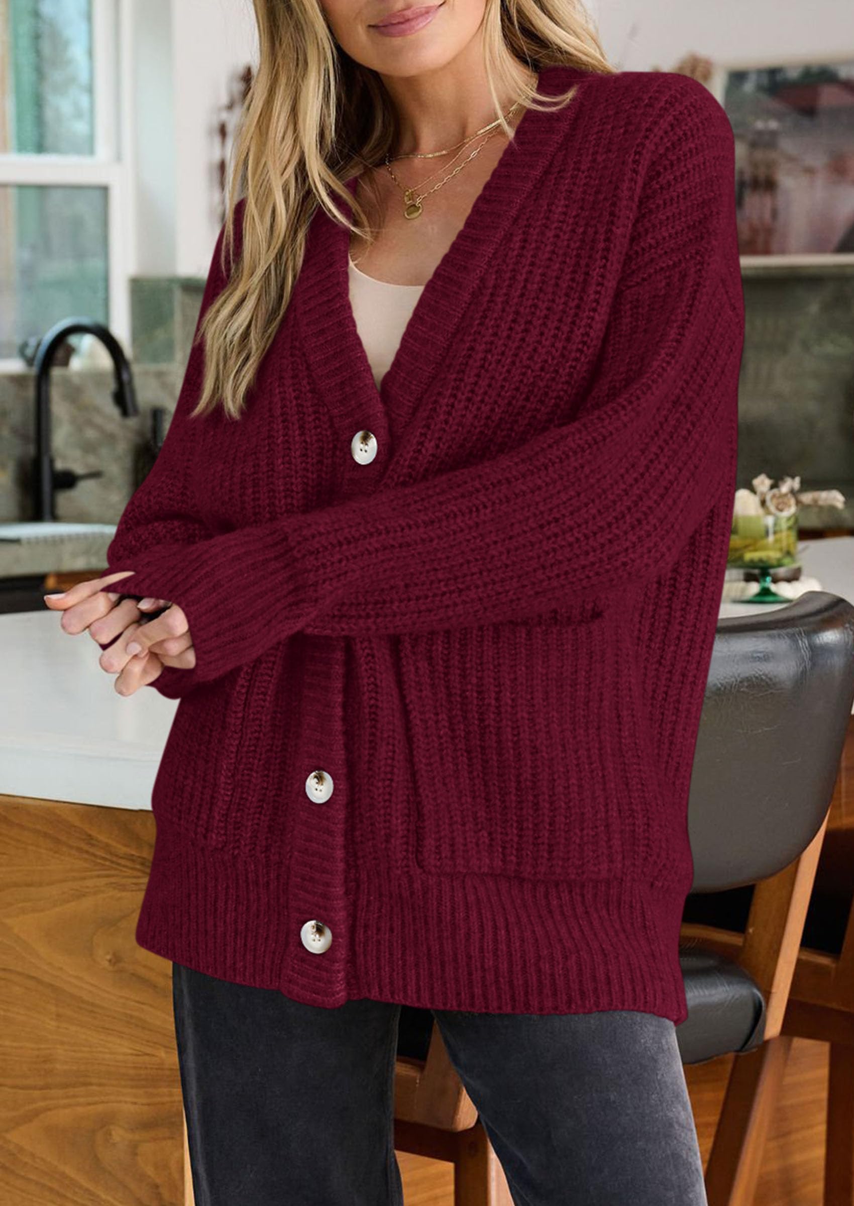 Oversized Cardigan Sweaters for Women Button Up,Burgundy,S