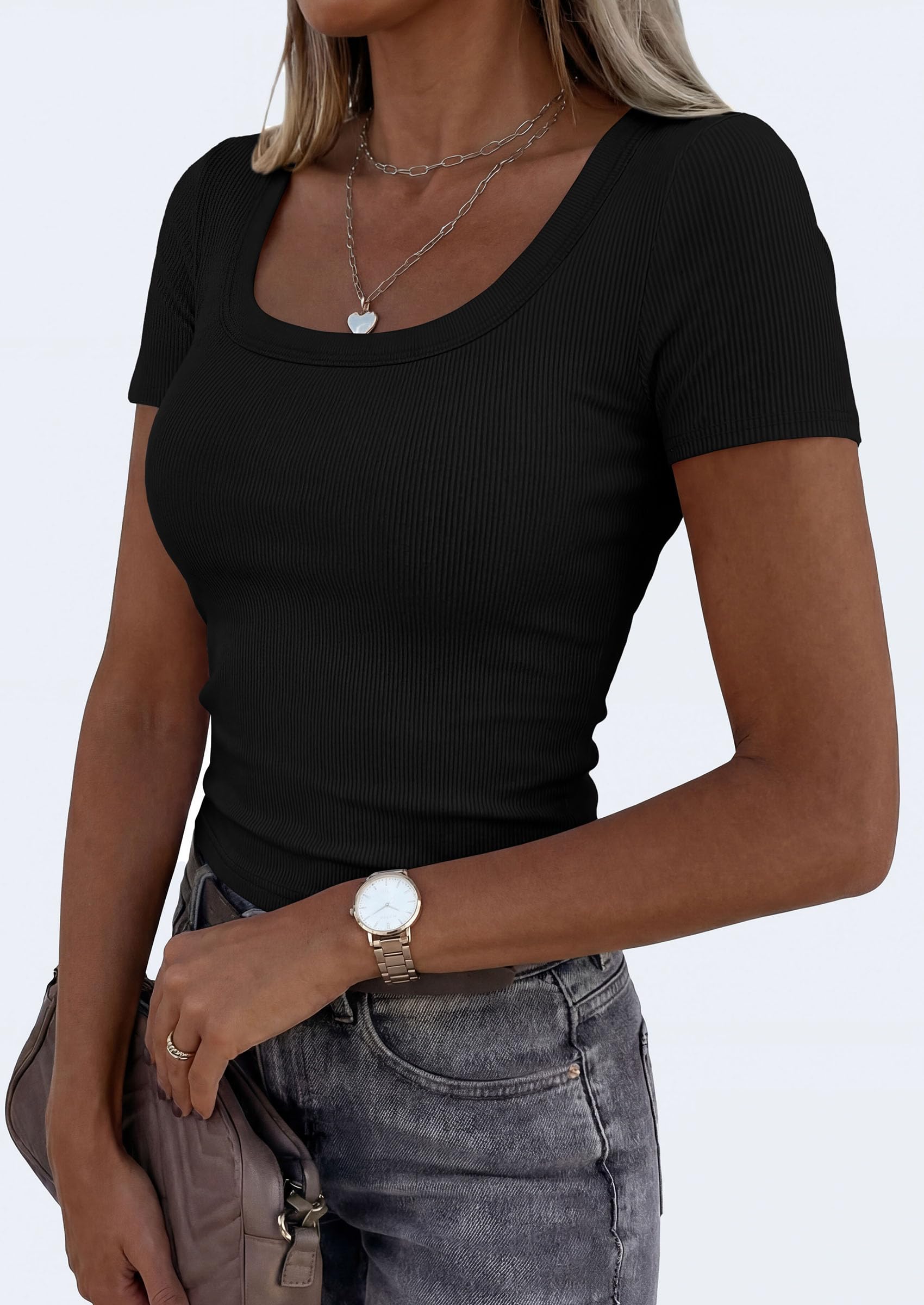 Womens Summer Short Sleeve Scoop Neck Tops,Black,S