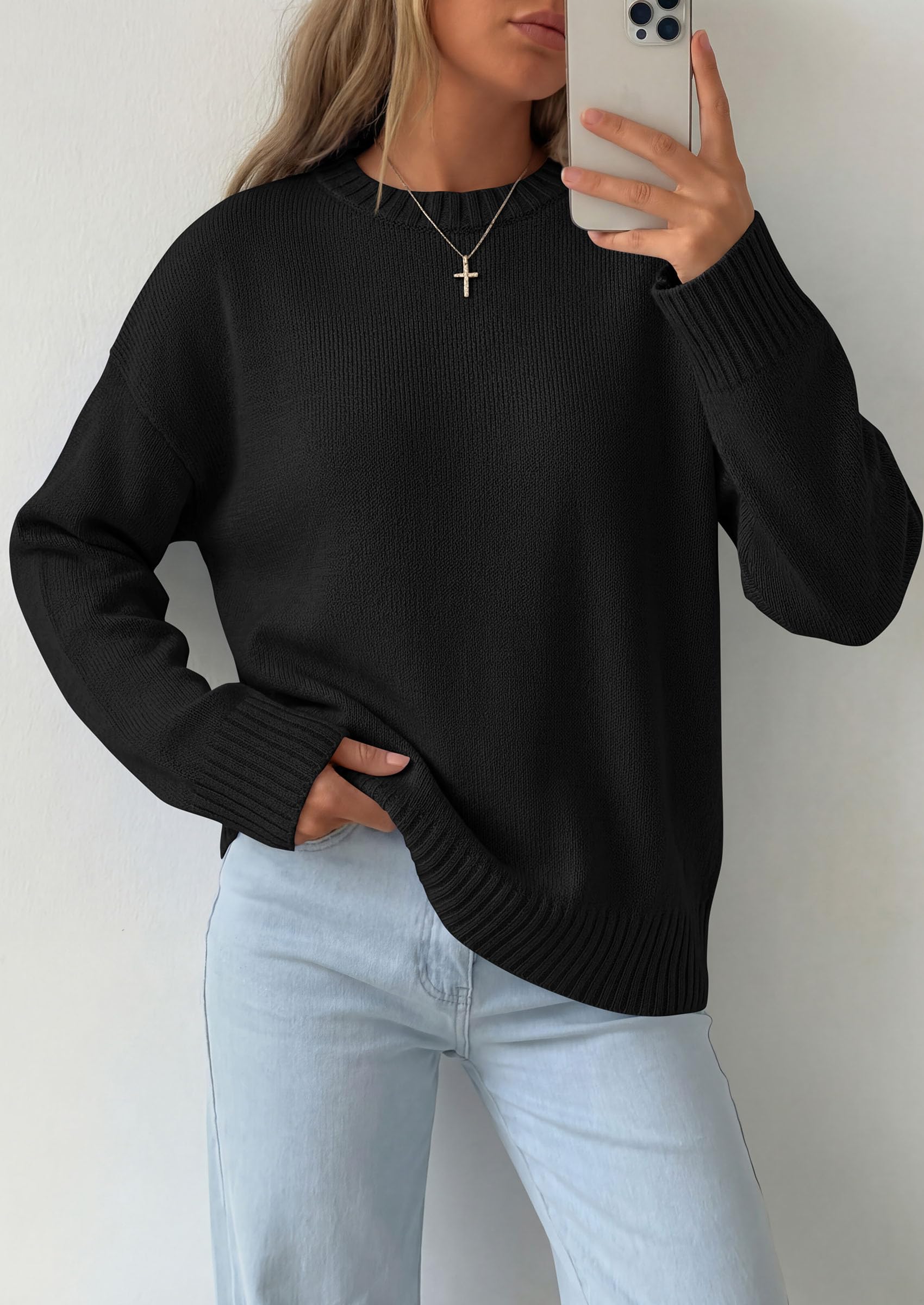 Oversized Sweater Women's Crewneck Long Sleeve Tops Black