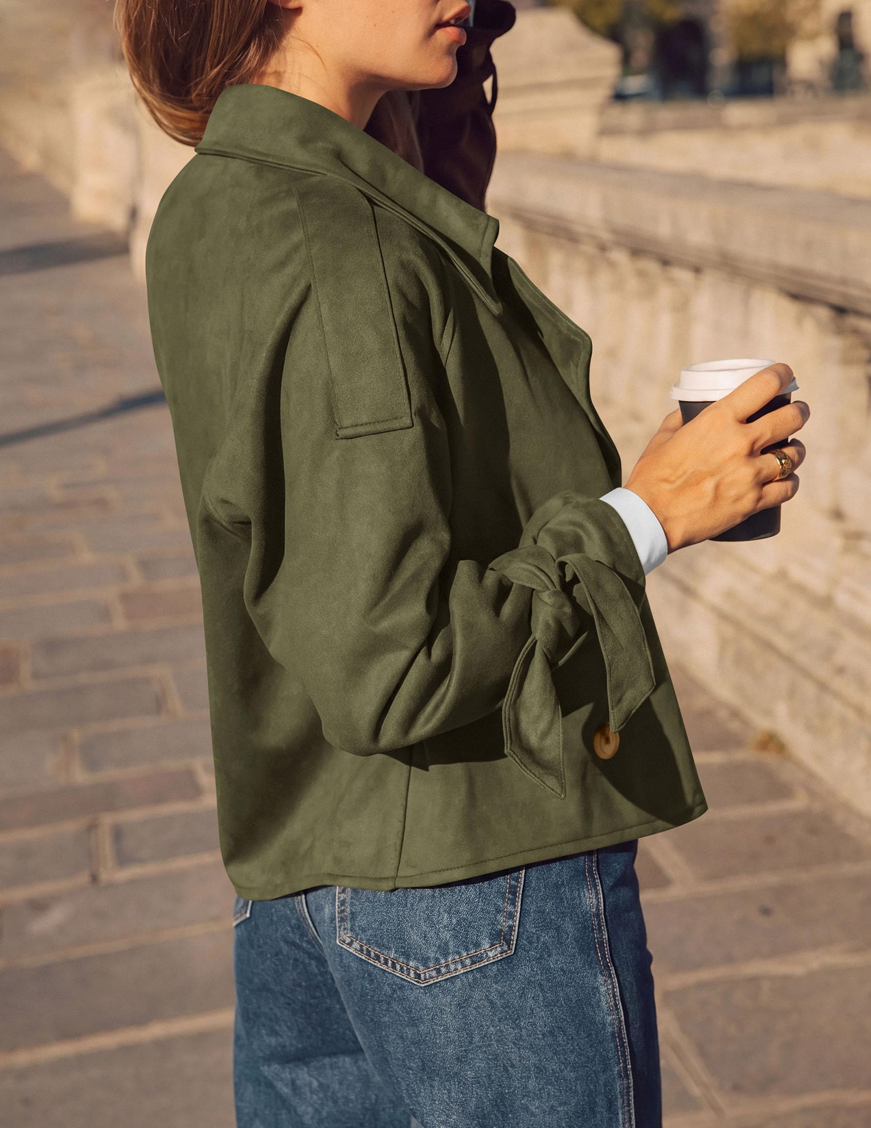 Women Faux Suede Double Breasted Trench Coat Cropped Jackets