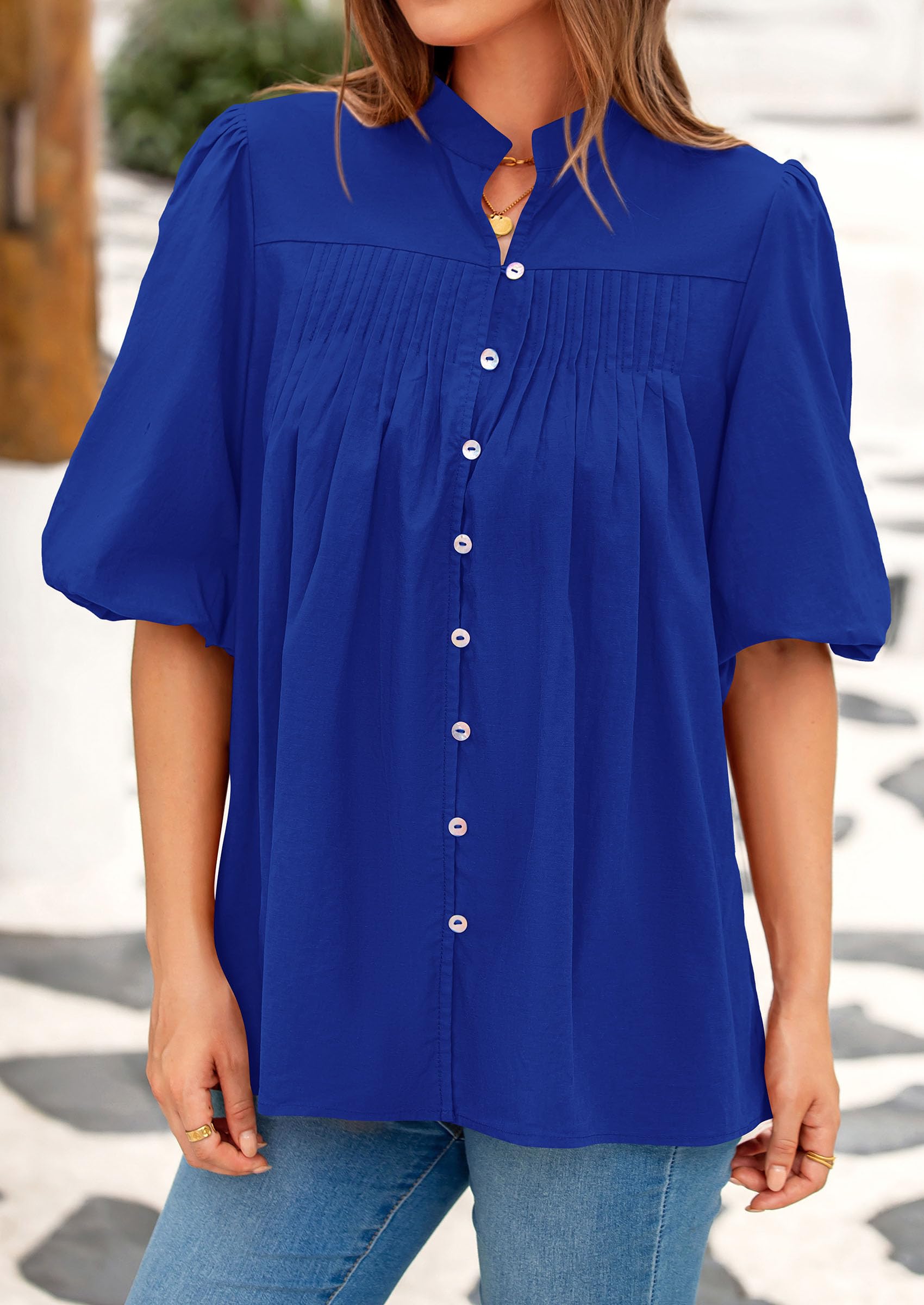 Short Sleeve Henley Shirts for Women,Blue,S