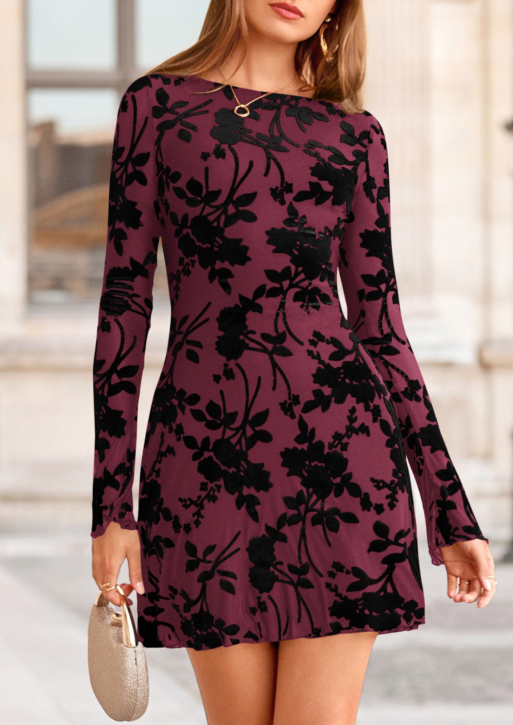 Women's Fall Floral Long Sleeve Mini Dress (Red,XS)