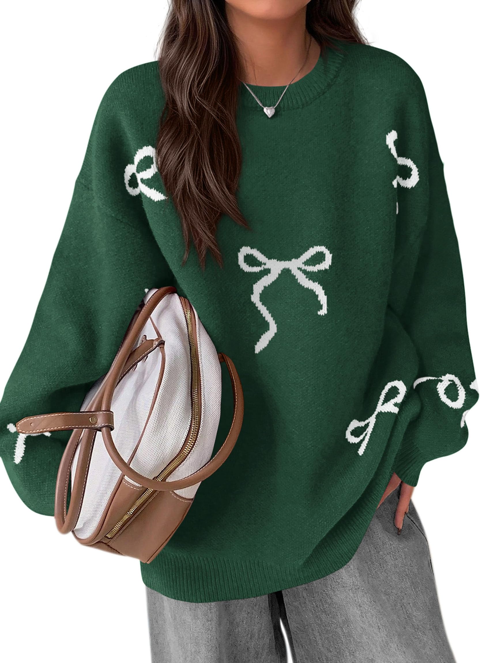 Fall Long Sleeve Pullover Sweaters for Women 2026 Trendy Crewneck Casual Cute Bow Chunky Knit Oversized Sweater (Dark Green,Small)