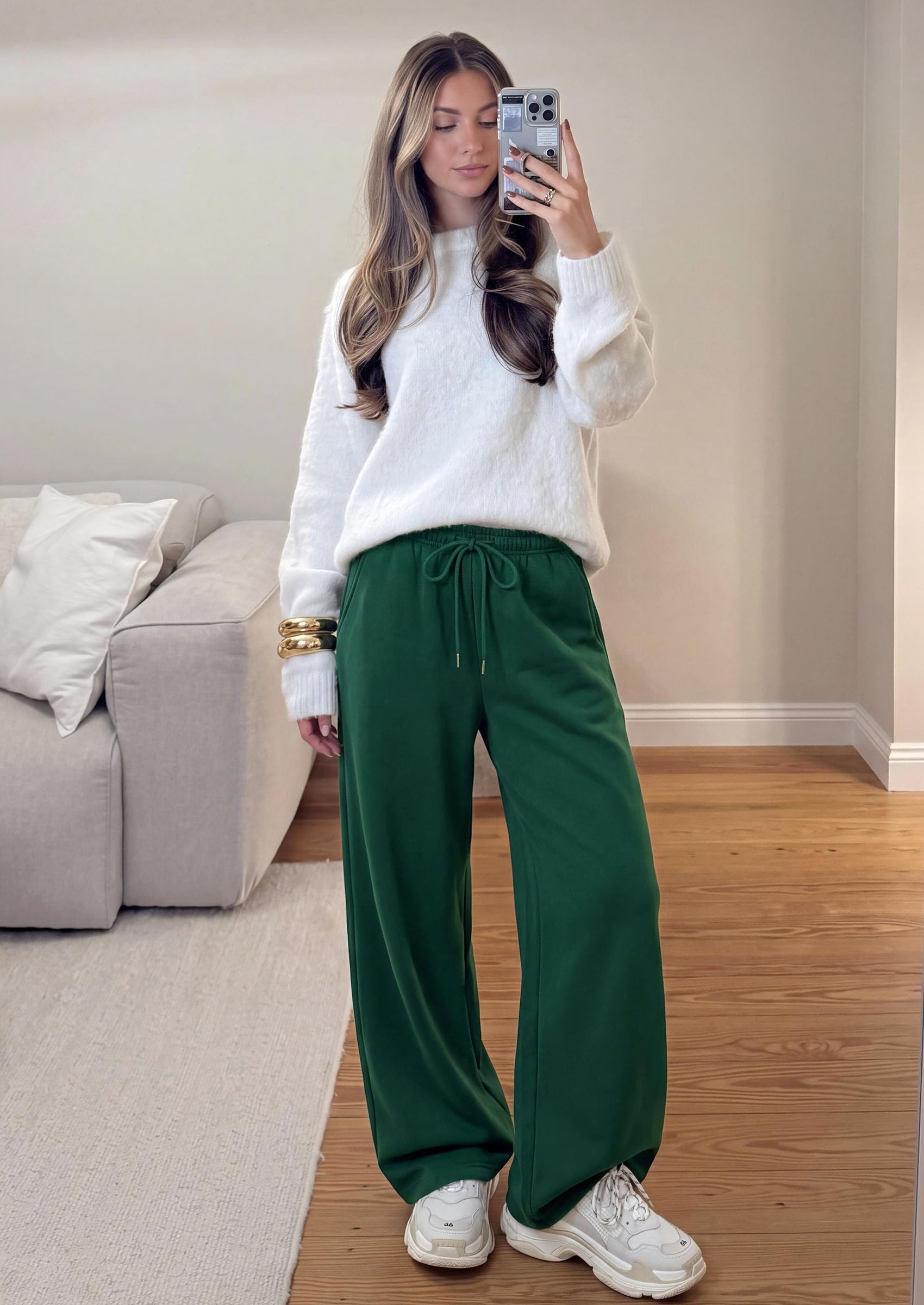 Womens Wide Leg Sweatpants Fleece Fall Sweat Pants,Dark Green