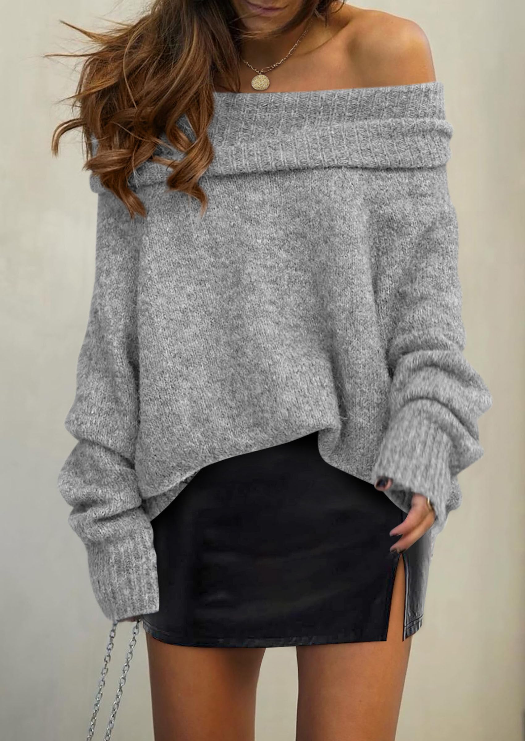 Women's Fall Off The Shoulder Sweater,Grey,S