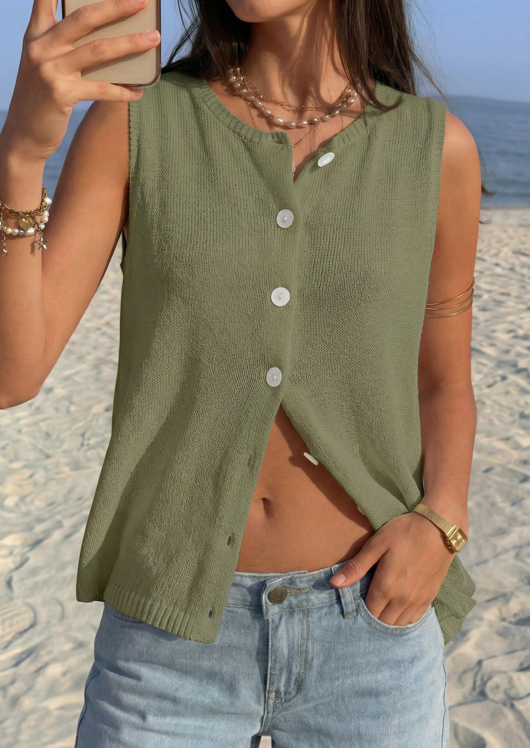 Women's Summer Button Up Sweater Vest Tops,Army Green,S