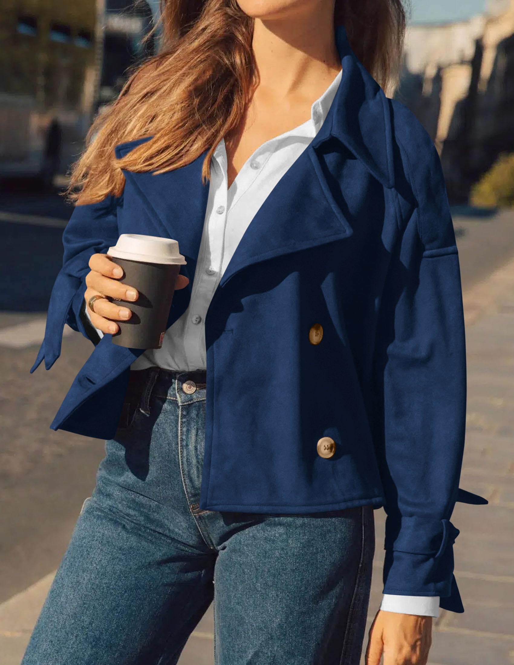Women Faux Suede Double Breasted Trench Coat Cropped Jackets