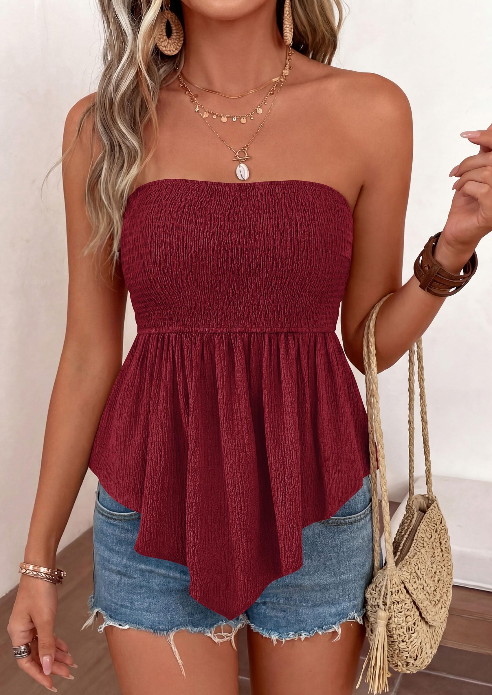 Women's Strapless Smocked Peplum Tube Top, Burgundy,S