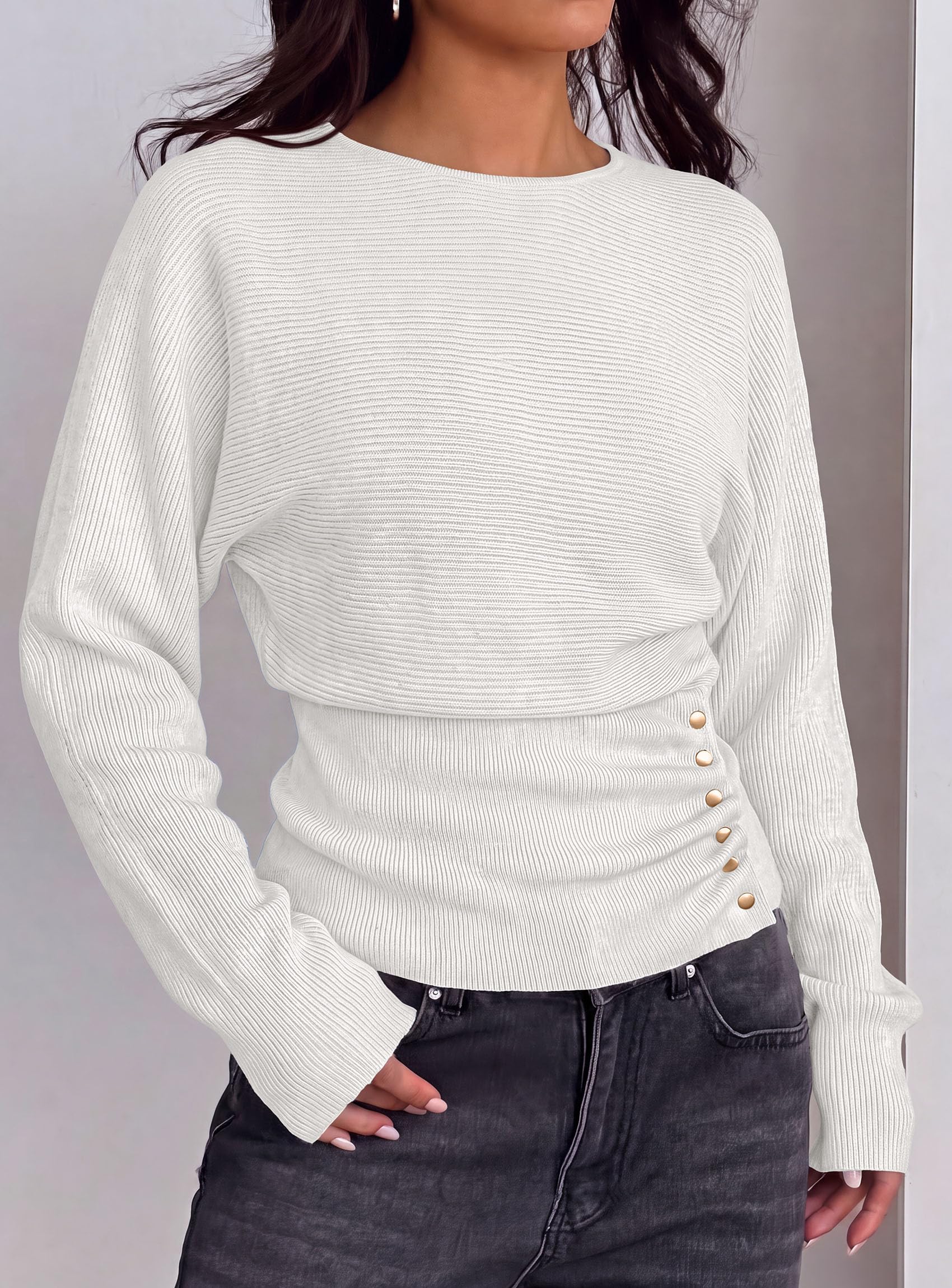 Batwing Sleeve Sweaters for Women Pullover Fall Clothes White