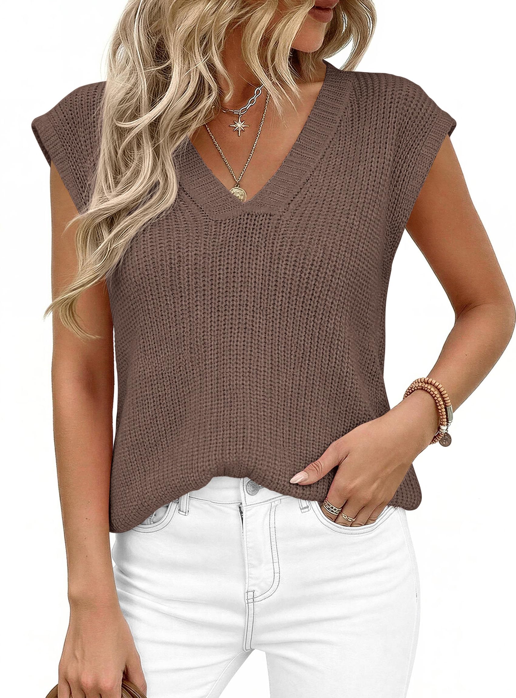 Women's Cap Sleeve Sweaters Vest Summer Tops (Brown,S)