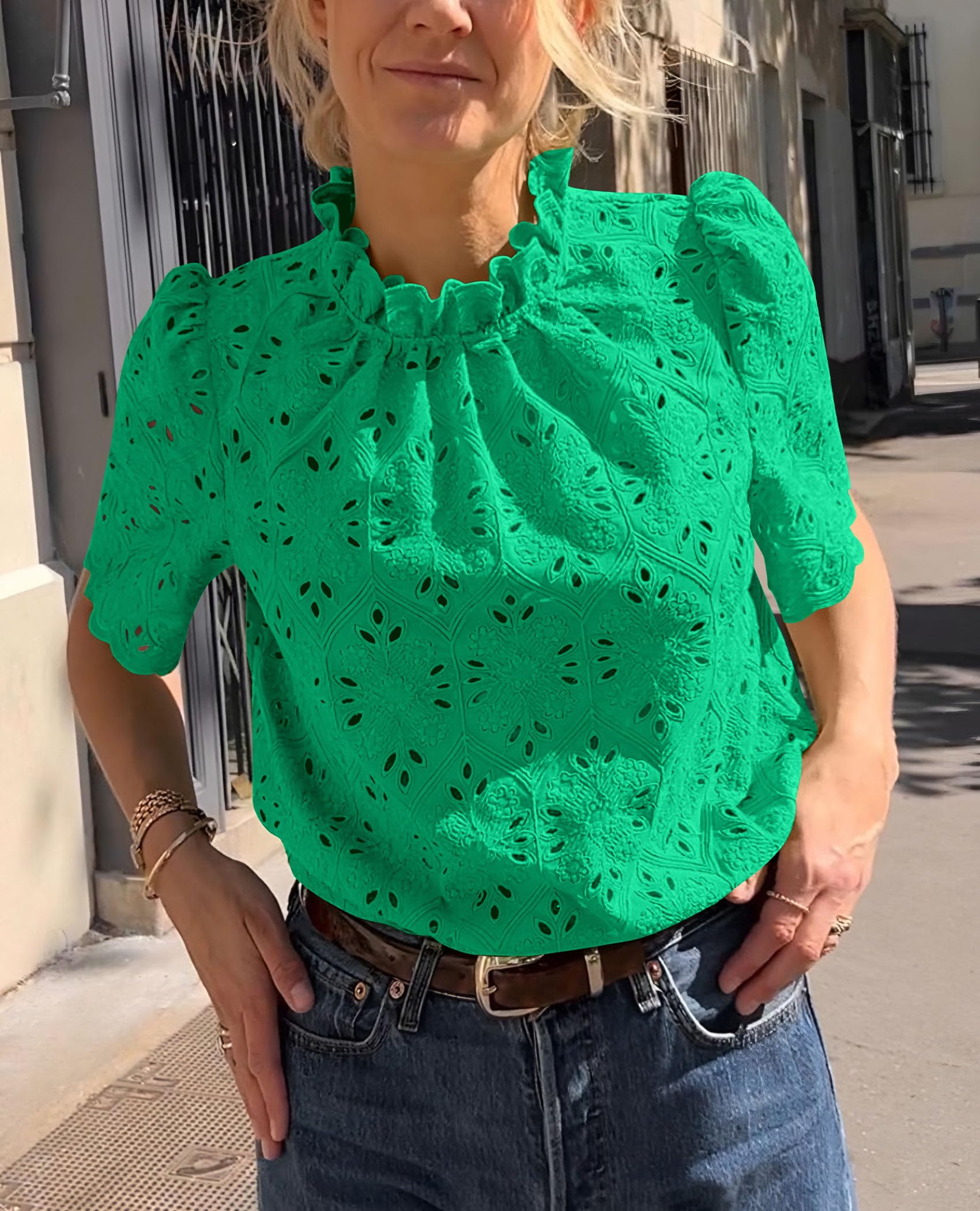 Women Summer Tops Eyelet Embroidered Shirts,Green,M