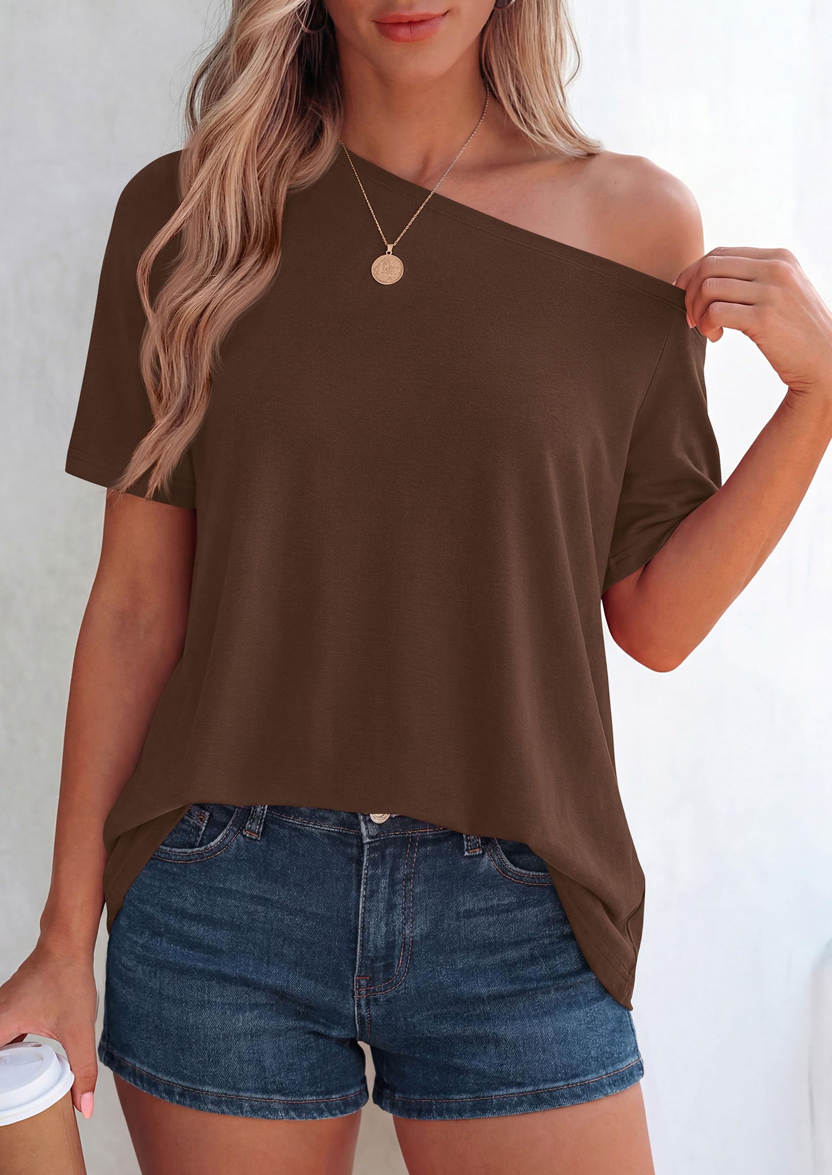 Off Shoulder Tops for Women Oversized Tshirts, Brown,S