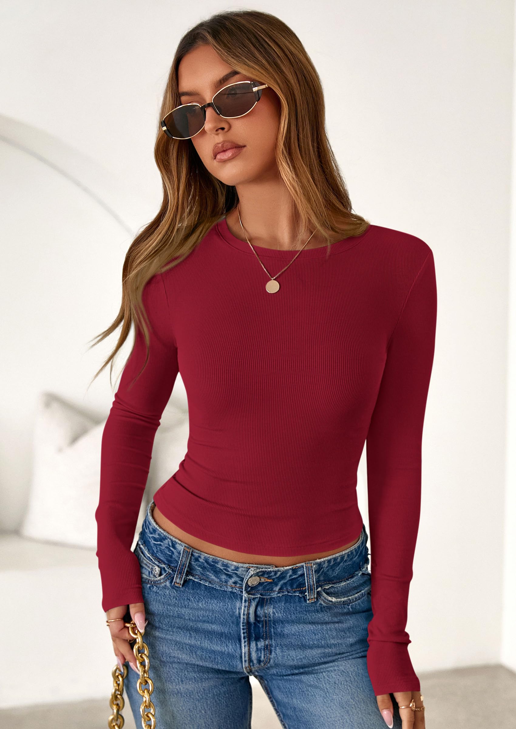 Women's Fall Long Sleeve Shirts Basic Tees (Red,XS)