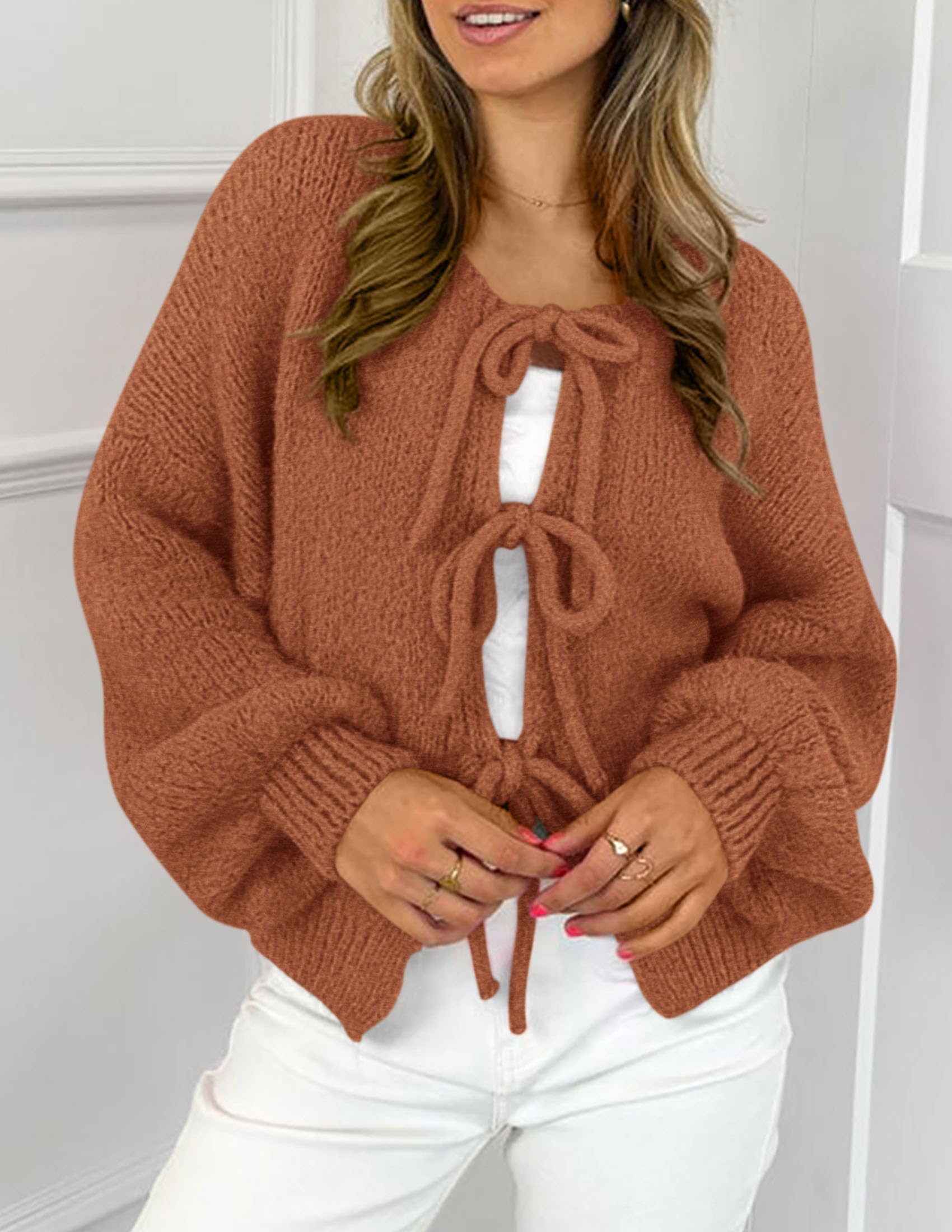 Women's Tie Front Bow Cardigan Sweaters(Brick Red,Small)
