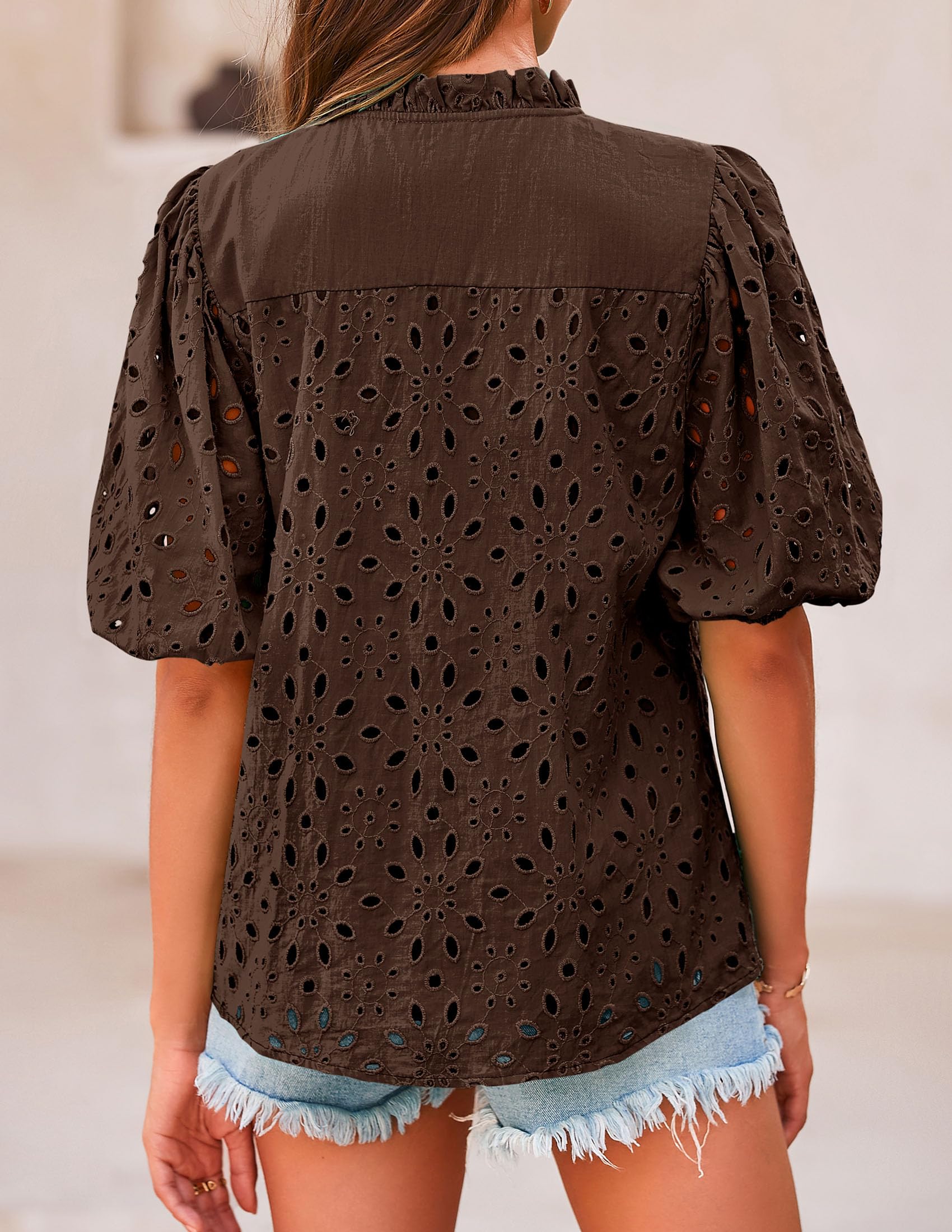 Womens Tops Boho Eyelet Puff Sleeve Blouse, Coffee,M