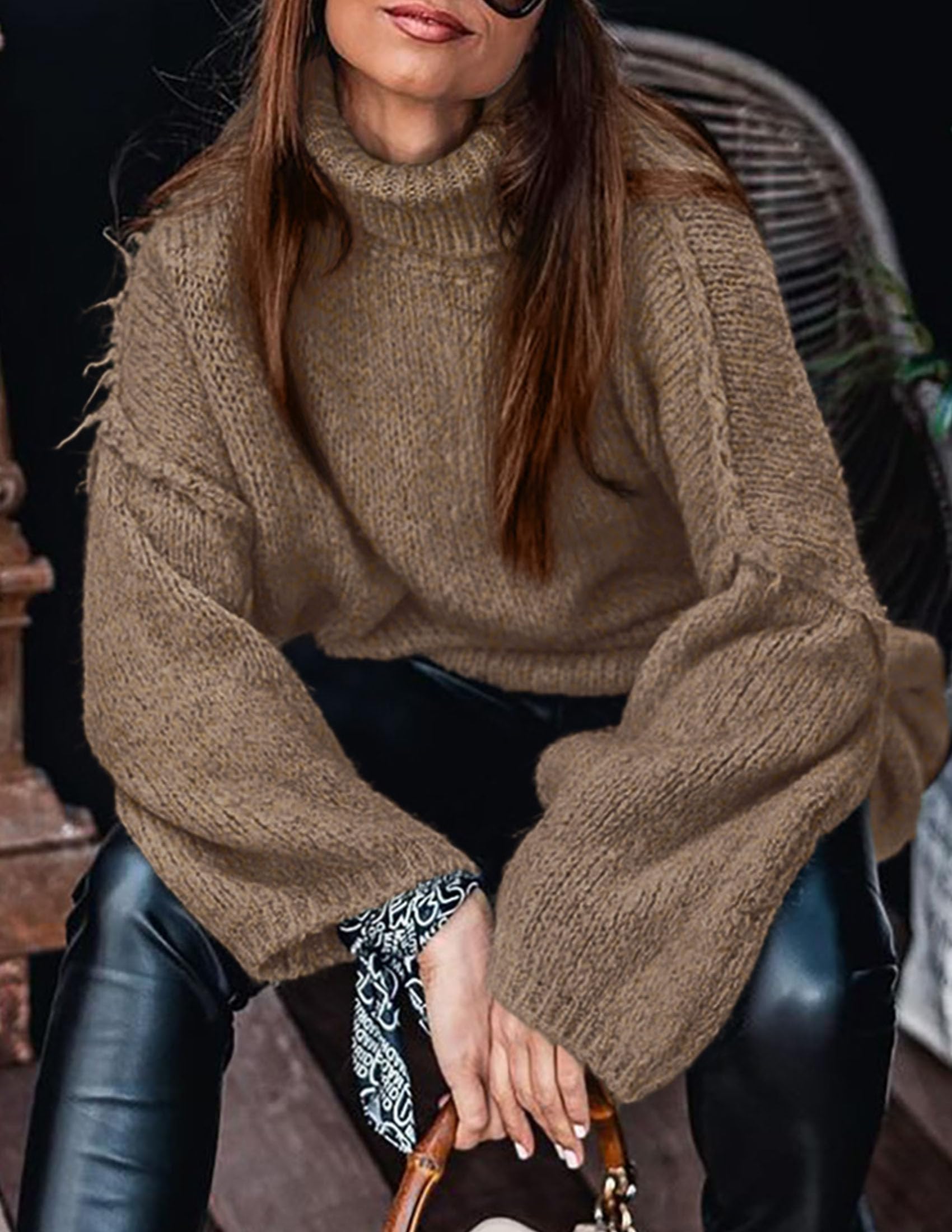 Womens Turtleneck Long Sleeve Oversized Sweaters,Light Brown,S