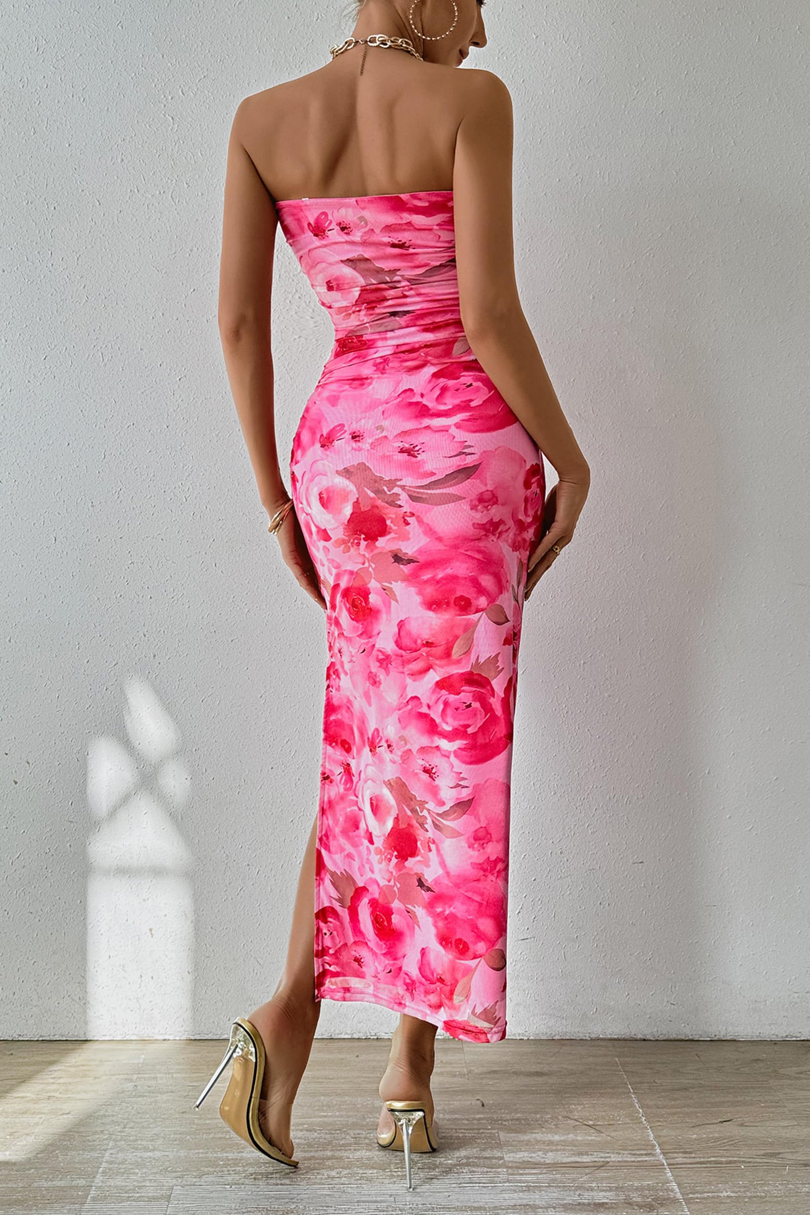 Women's Strapless Bodycon Floral Maxi Dress, Print Pink,S