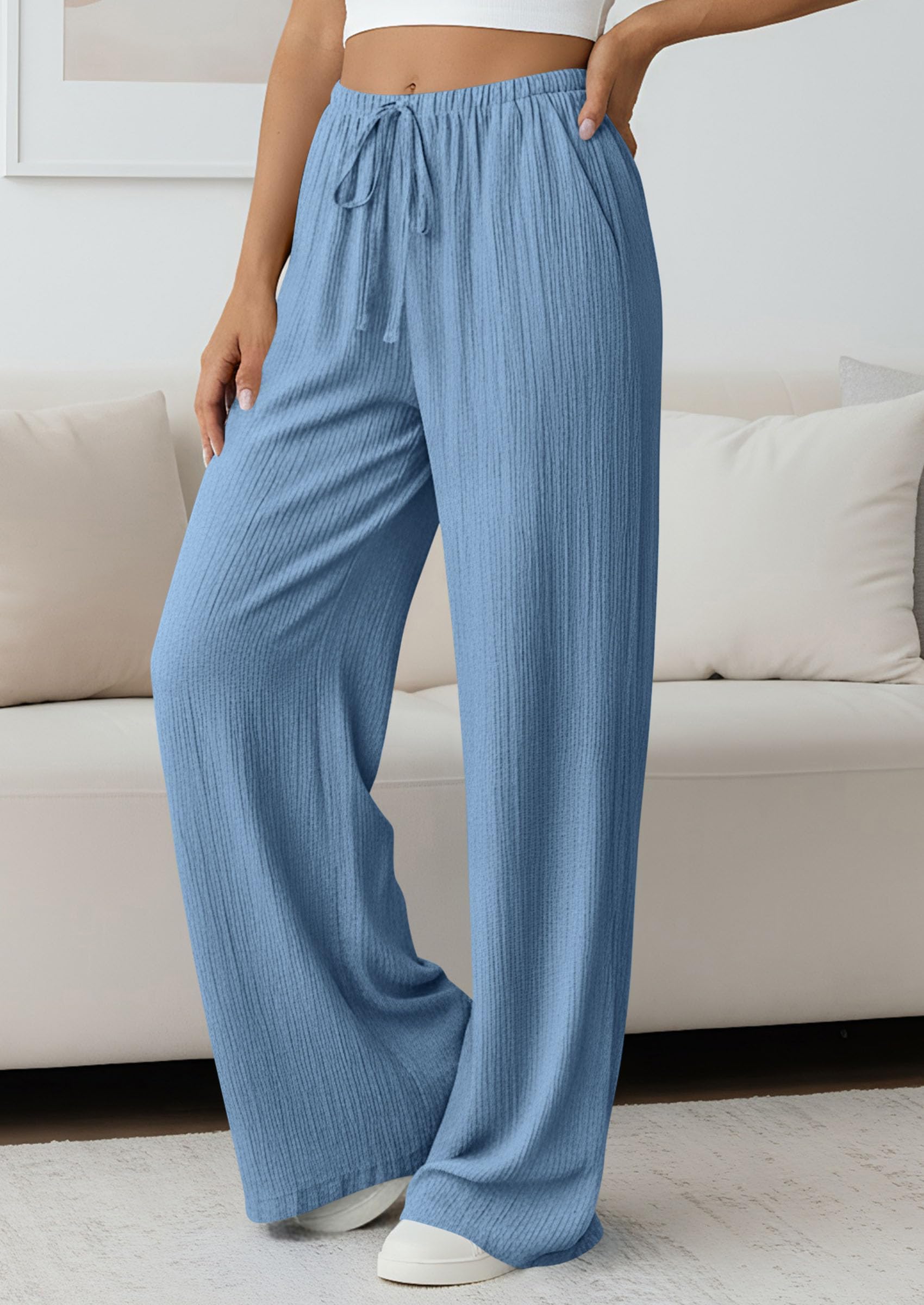 Women's Palazzo Pants Casual Wide Leg Trousers,Blue,S