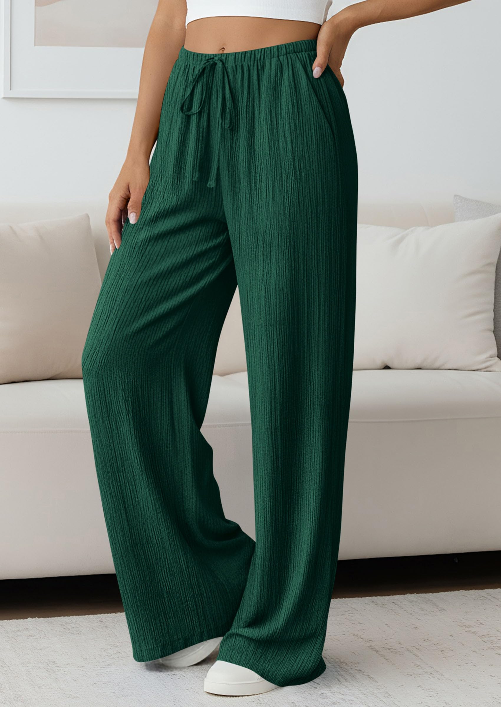 Women's Palazzo Pants Casual Wide Leg Trousers,Dark Green,S