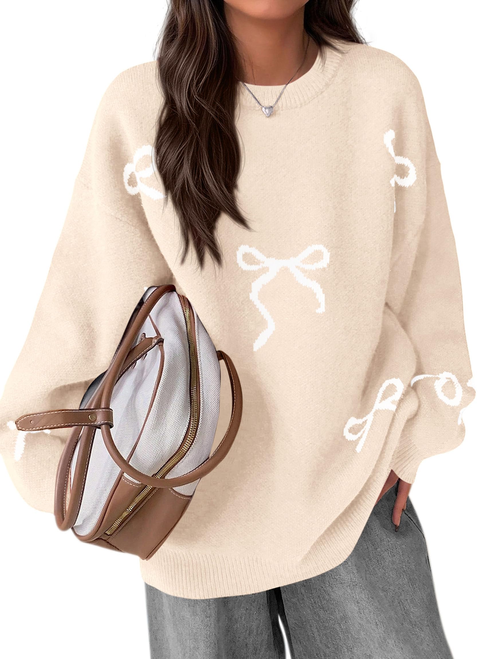 Fall Long Sleeve Pullover Sweaters for Women 2026 Trendy Crewneck Casual Cute Bow Chunky Knit Oversized Sweater (Apricot,Small)
