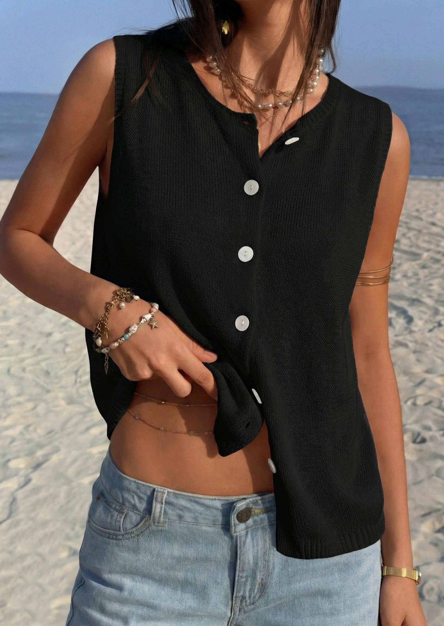 Women's Summer Button Up Sweater Vest Tops,Black,S