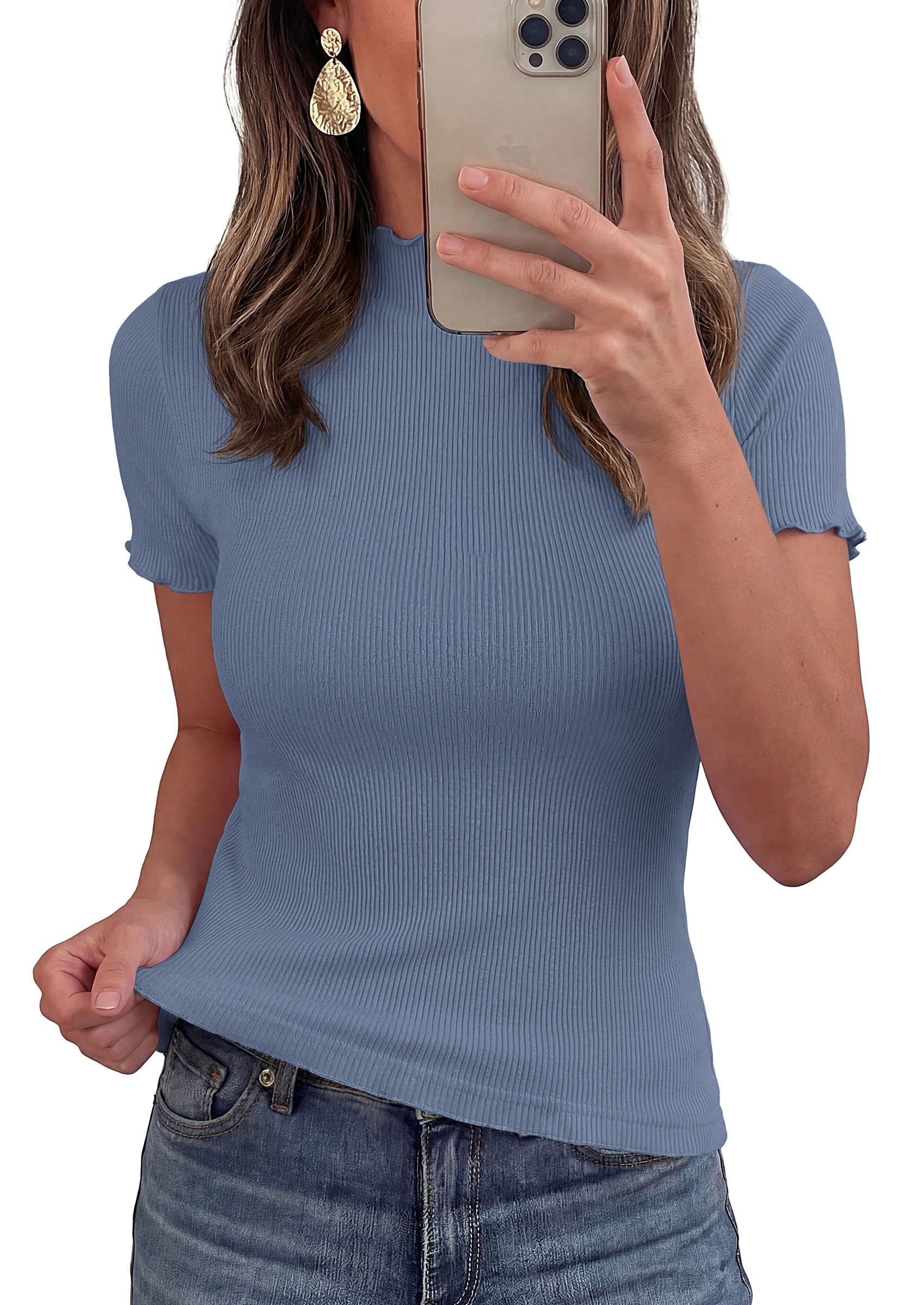 Women's Short Sleeve Ribbed Knit T Shirts, Dusty Blue,XS