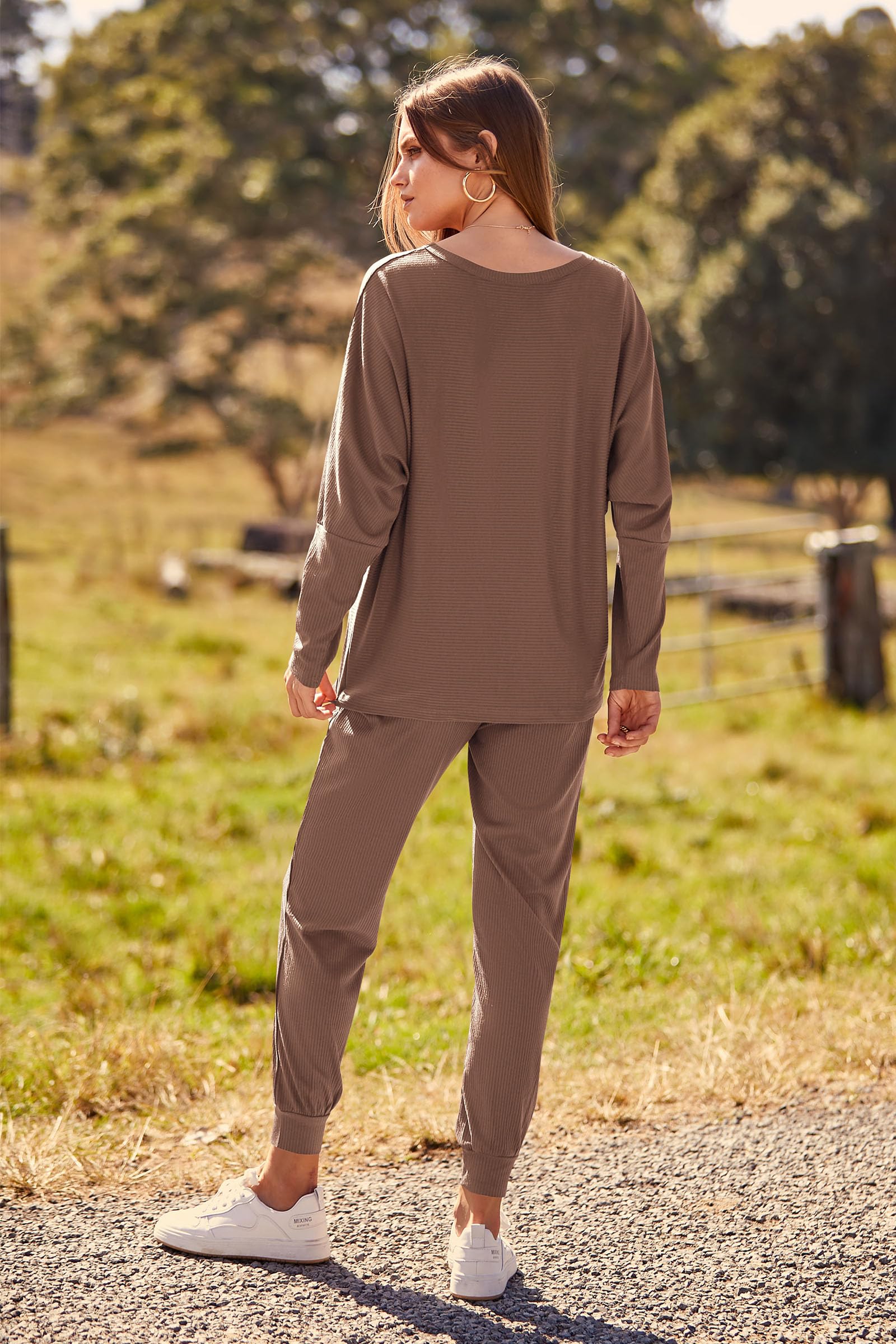 Women's 2 Piece Fall Outfits Matching Ribbed Knit Lounge Sets